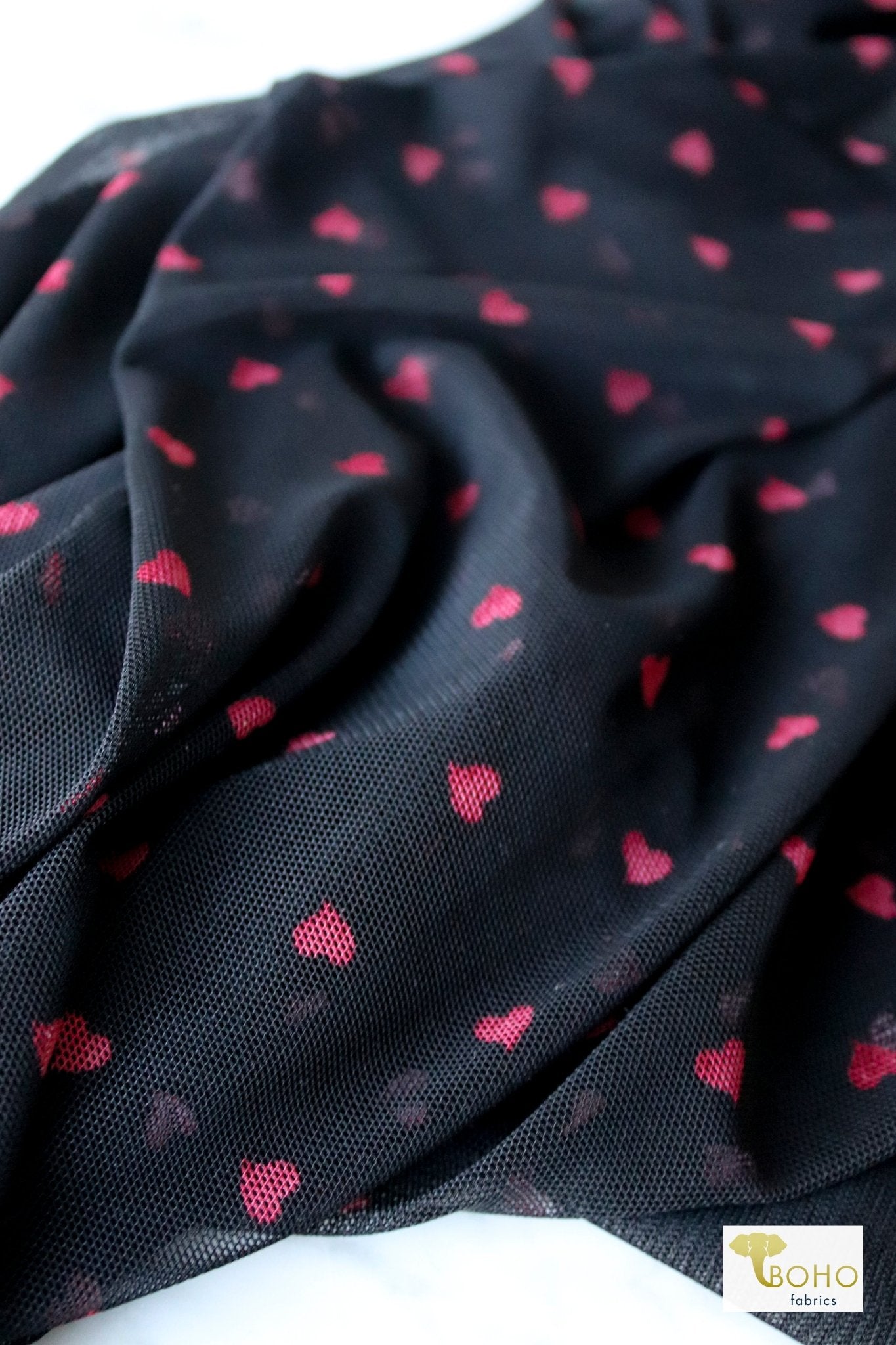 Red Hearts, Stretch Mesh Printed Fabric. - Boho Fabrics
