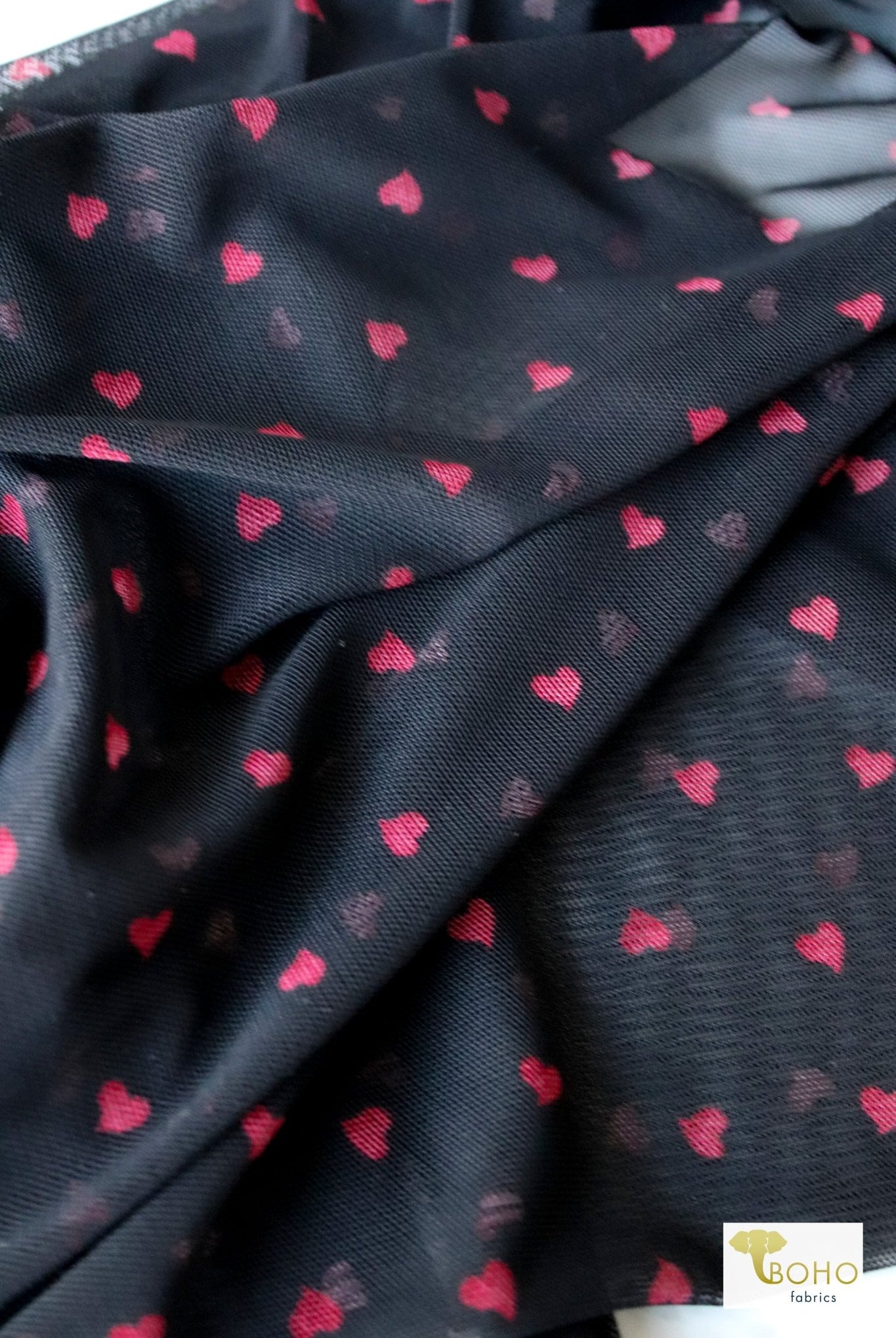 Red Hearts, Stretch Mesh Printed Fabric. - Boho Fabrics