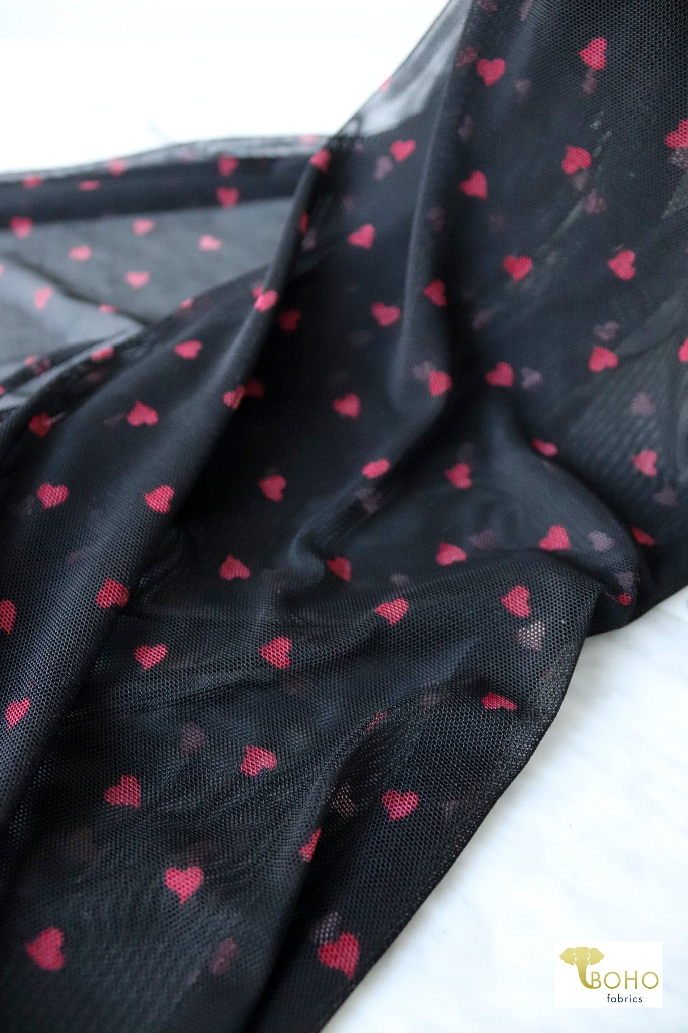 Red Hearts, Stretch Mesh Printed Fabric. - Boho Fabrics