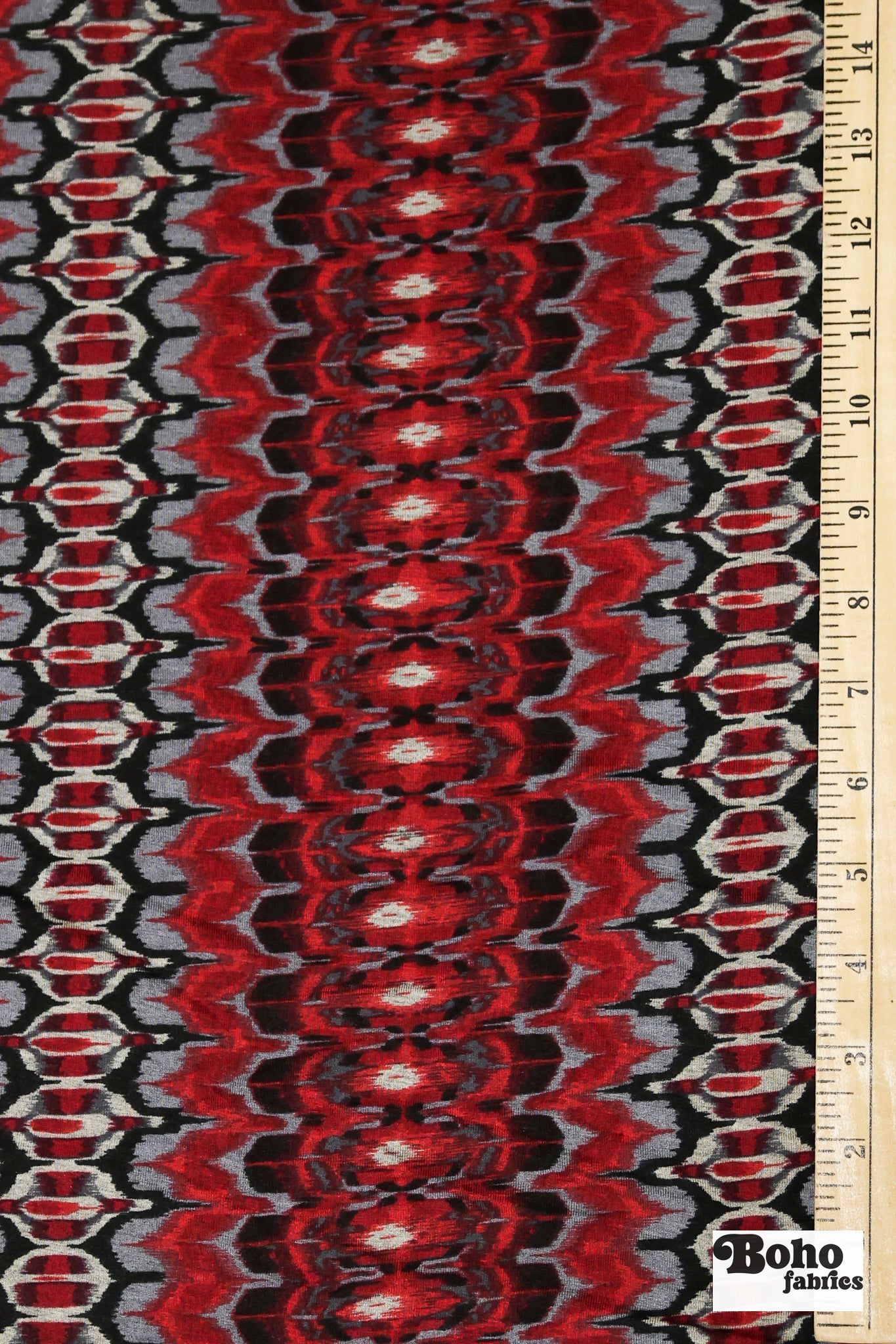 Red Ikat-Inspired Print, Rayon Spandex Jersey Knit Fabric - Boho Fabrics - Rayon Jersey Solid, Knit Fabric
