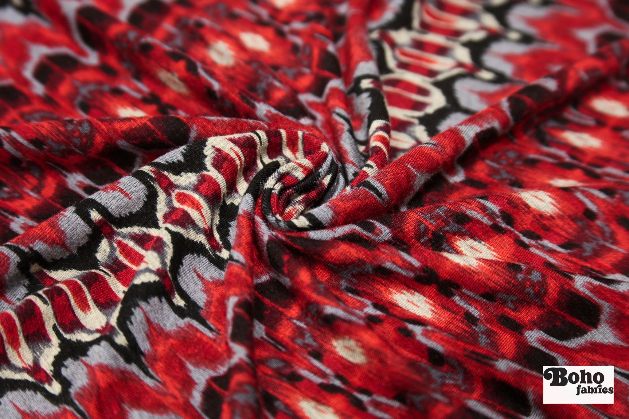 Red Ikat-Inspired Print, Rayon Spandex Jersey Knit Fabric - Boho Fabrics - Rayon Jersey Solid, Knit Fabric