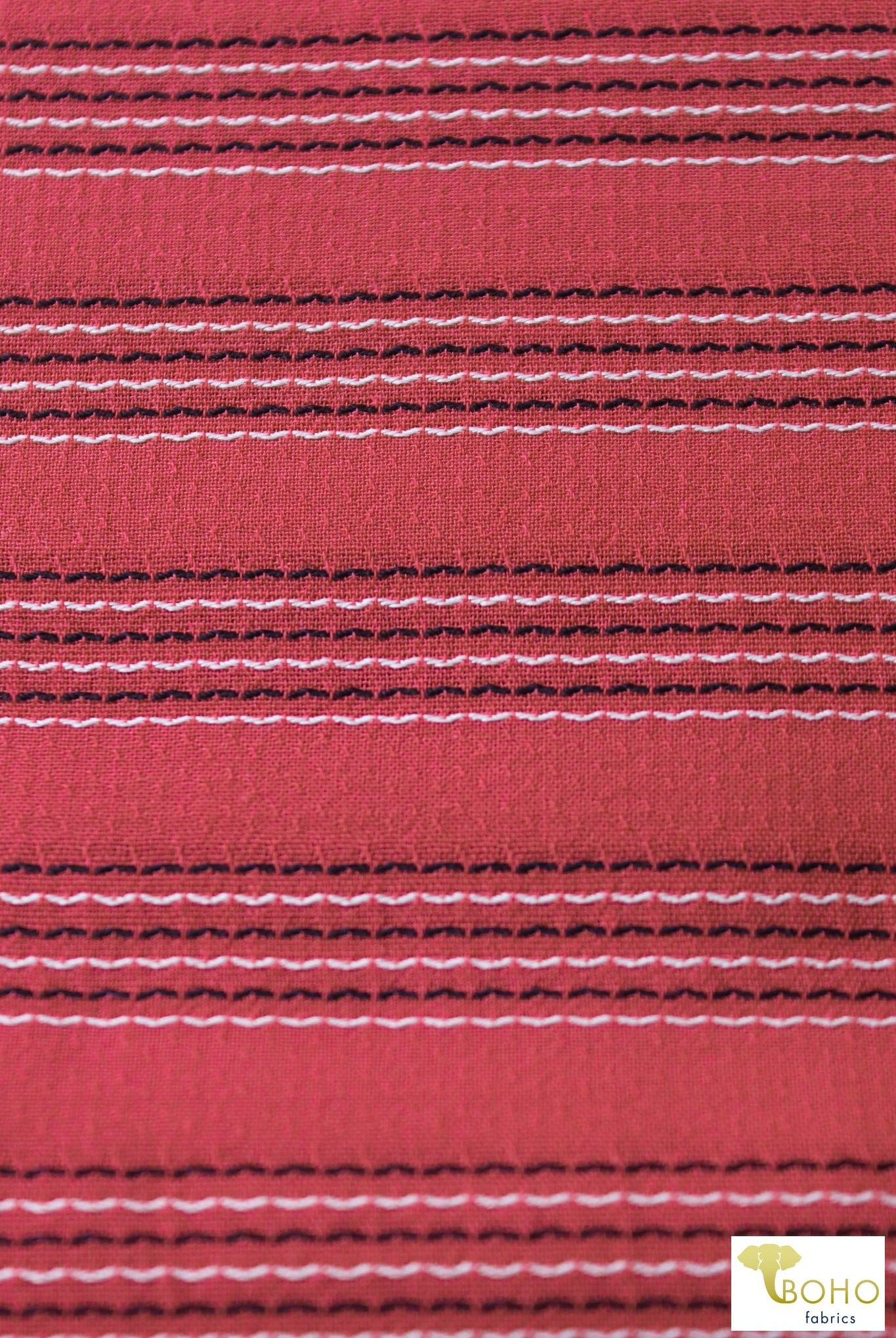 Red Pacific Coast Highway Stripes. Embroidered Stripes on Red Woven Fabric. WVS-308-RED - Boho Fabrics