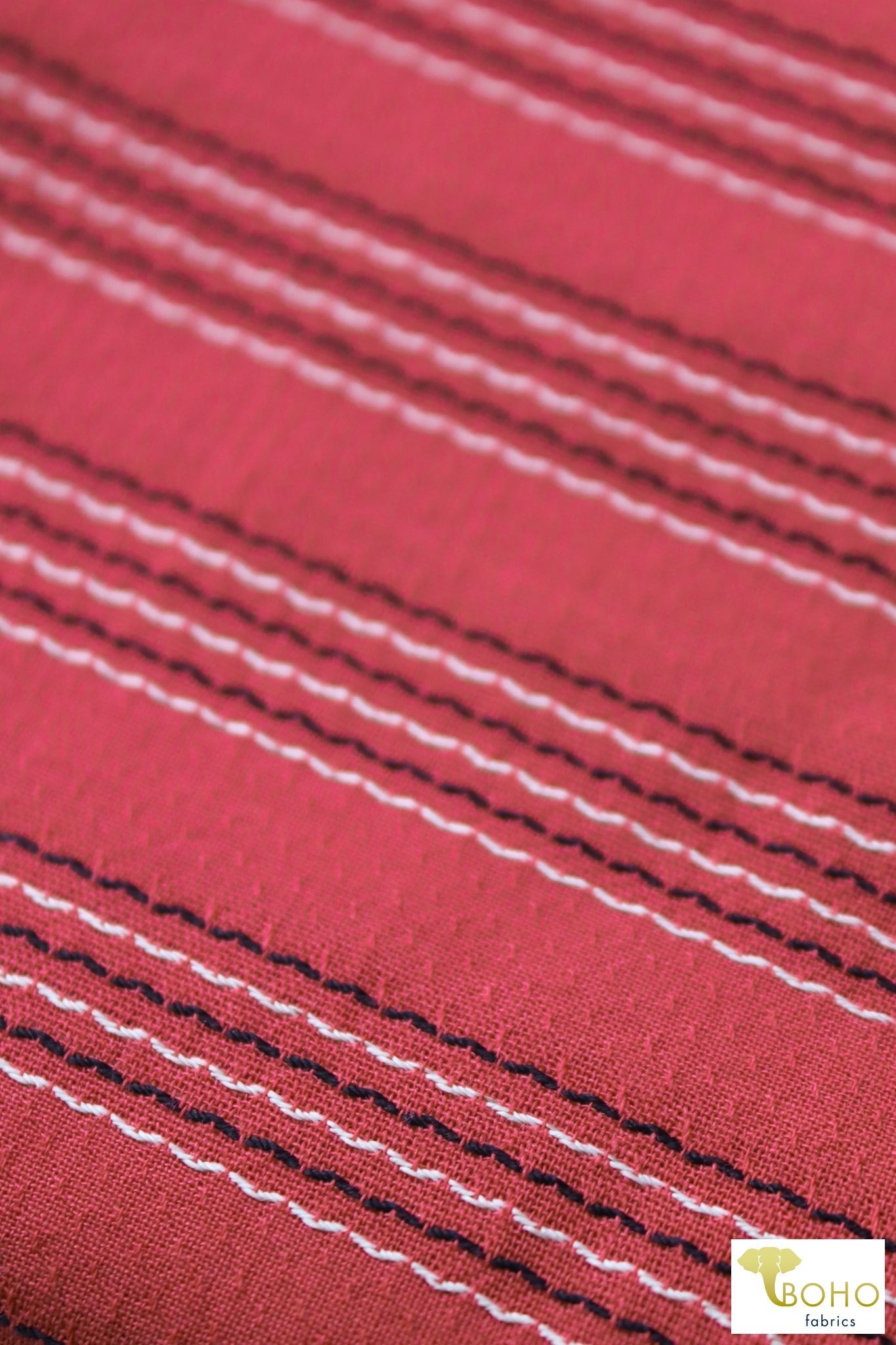 Red Pacific Coast Highway Stripes. Embroidered Stripes on Red Woven Fabric. WVS-308-RED - Boho Fabrics