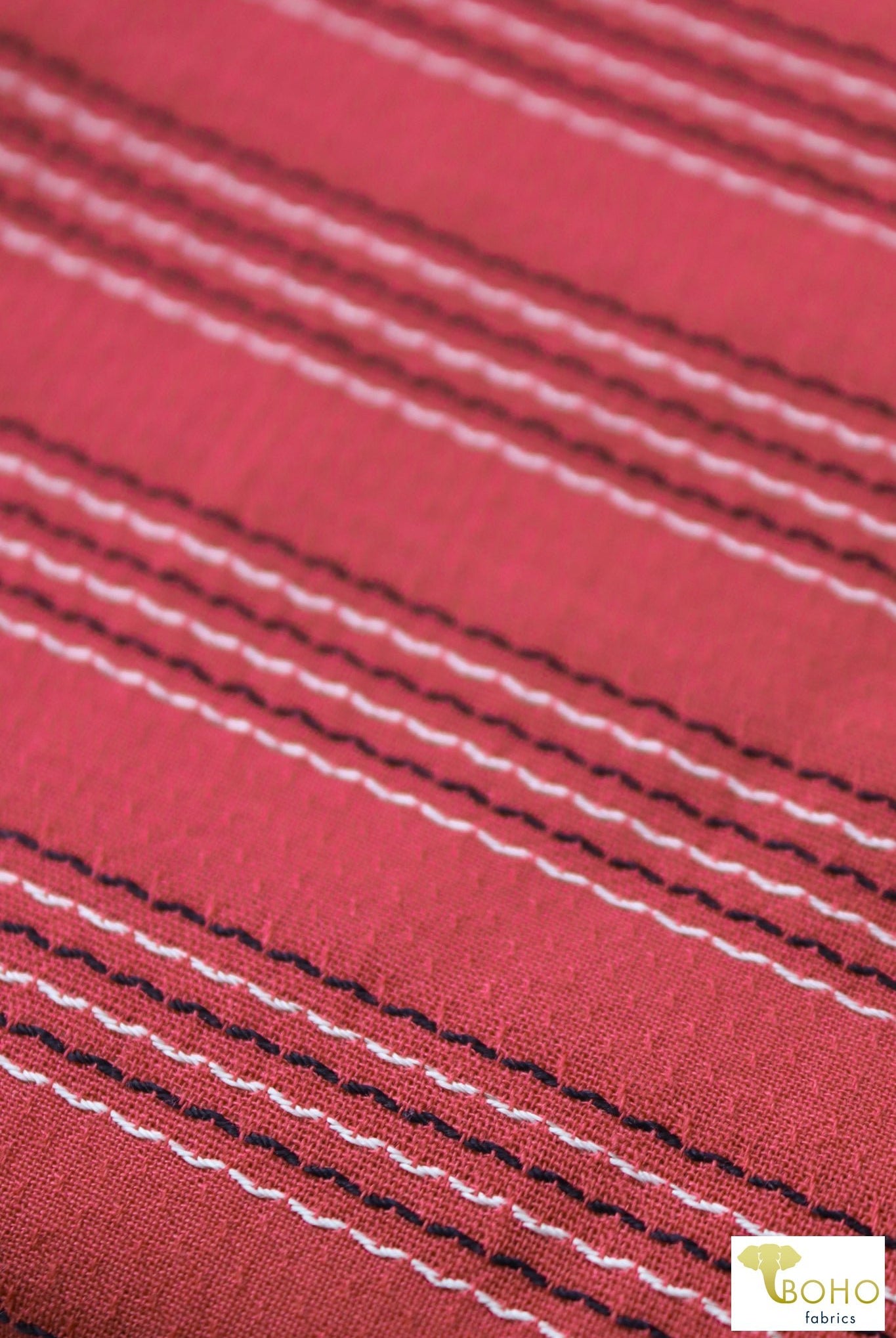 Red Pacific Coast Highway Stripes. Embroidered Stripes on Red Woven Fabric. WVS-308-RED - Boho Fabrics
