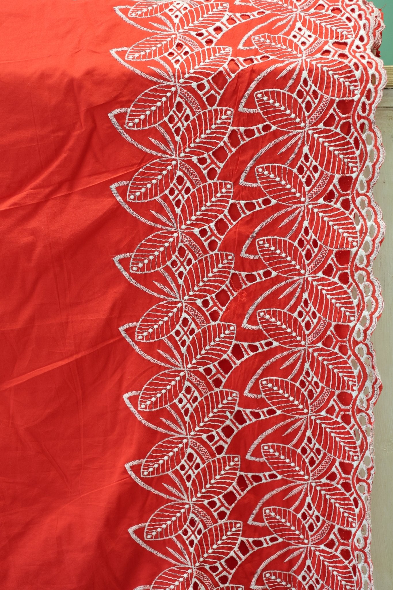 Red, Retro Tropic Embroidered Florals, Cotton Woven Fabric - Boho Fabrics - Shirting, Woven