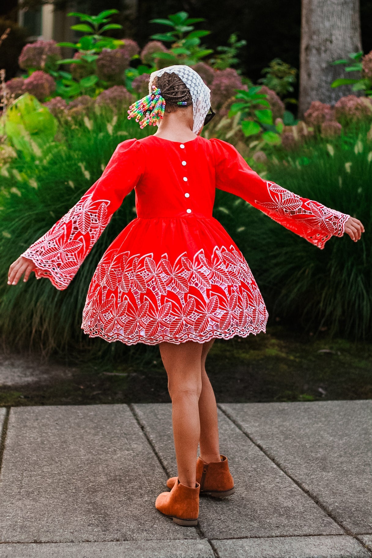 Red, Retro Tropic Embroidered Florals, Cotton Woven Fabric - Boho Fabrics - Shirting, Woven