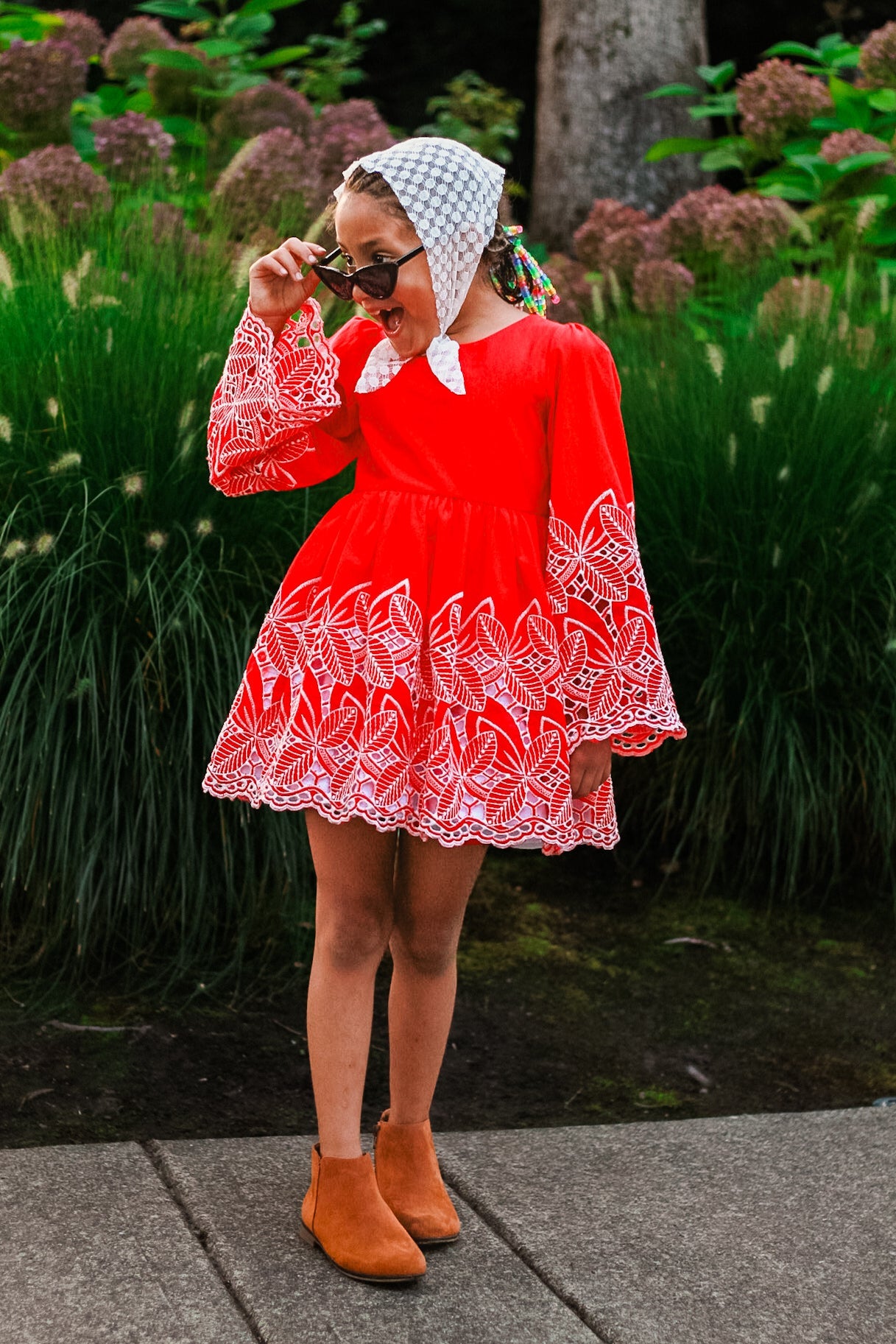 Red, Retro Tropic Embroidered Florals, Cotton Woven Fabric - Boho Fabrics - Shirting, Woven
