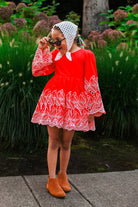 Red, Retro Tropic Embroidered Florals, Cotton Woven Fabric - Boho Fabrics - Shirting, Woven