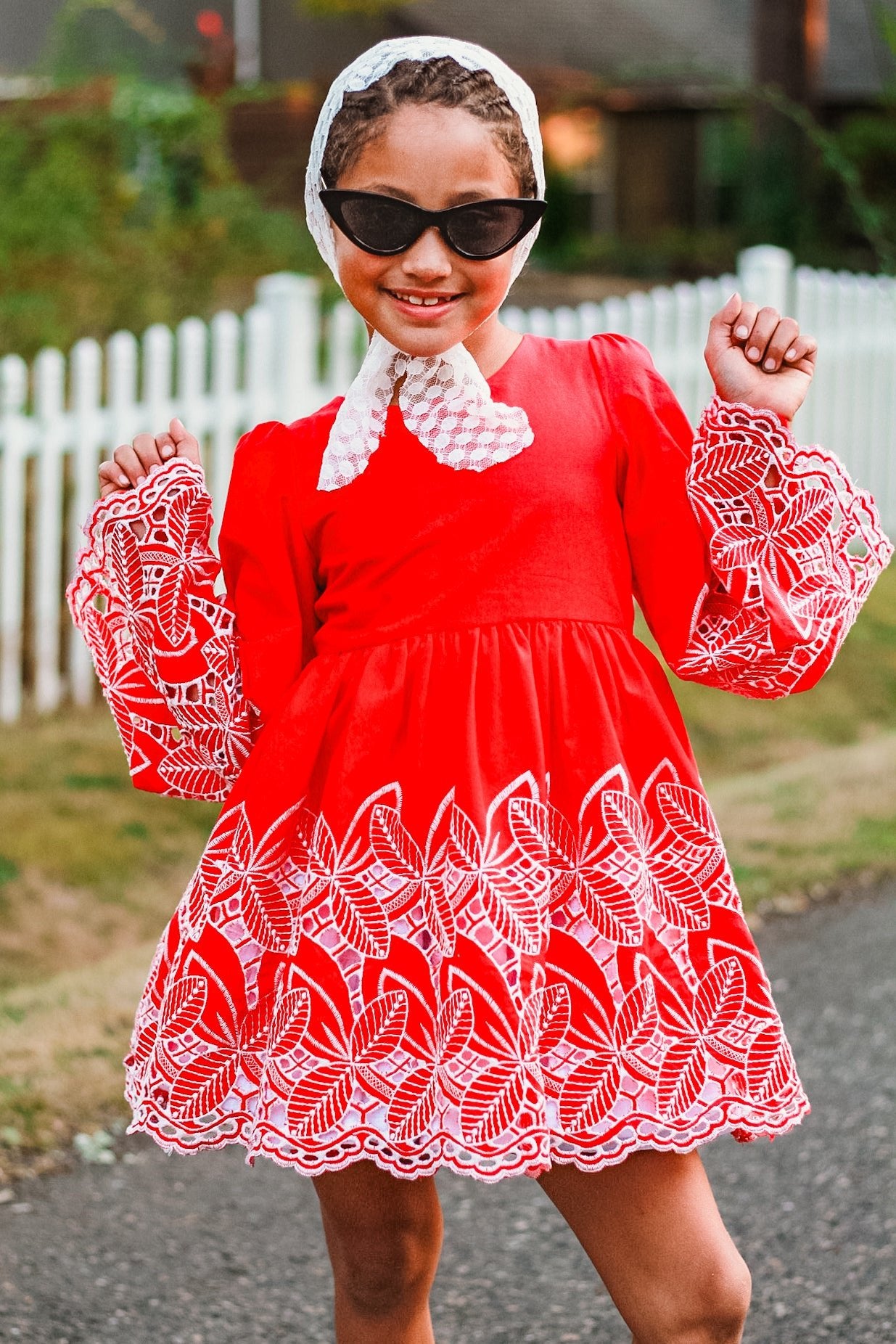 Red, Retro Tropic Embroidered Florals, Cotton Woven Fabric - Boho Fabrics - Shirting, Woven