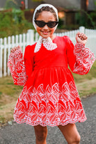 Red, Retro Tropic Embroidered Florals, Cotton Woven Fabric - Boho Fabrics - Shirting, Woven