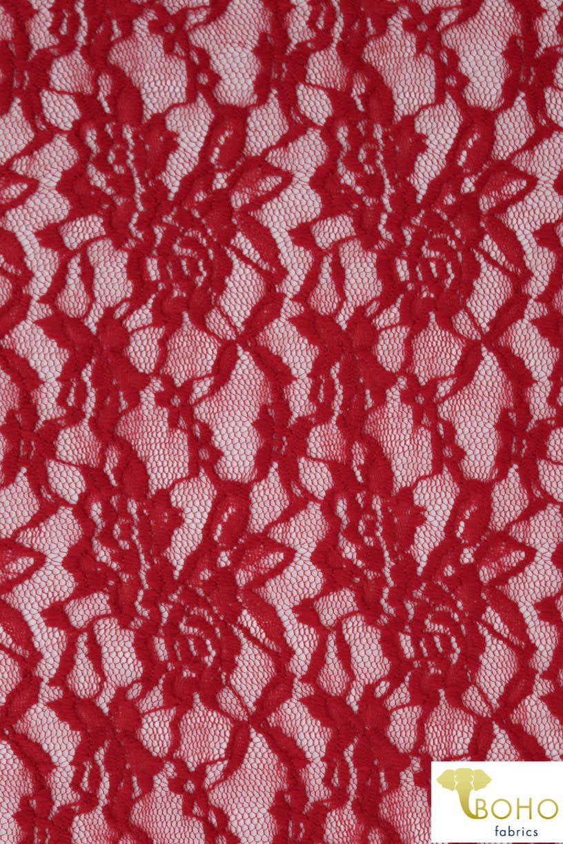 Red Rosebuds. Stretch Lace. SL-102-RED - Boho Fabrics
