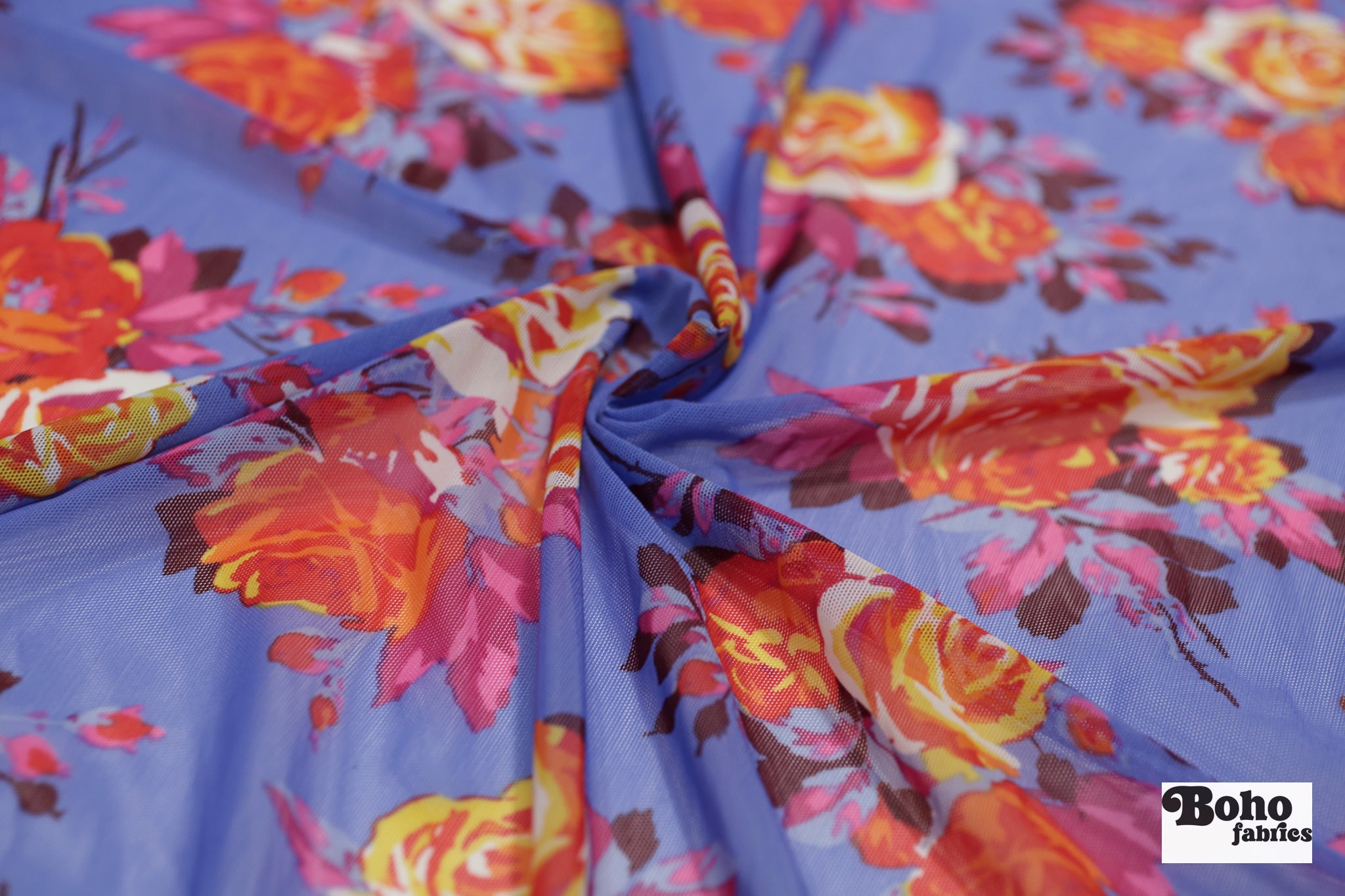 Red Roses on Blue. Power Mesh - Boho Fabrics - Stretch Mesh