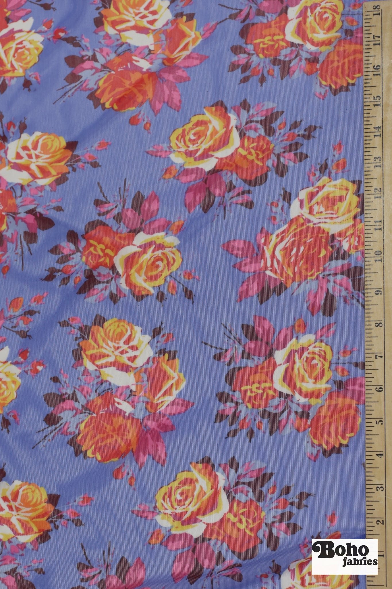 Red Roses on Blue. Power Mesh - Boho Fabrics - Stretch Mesh