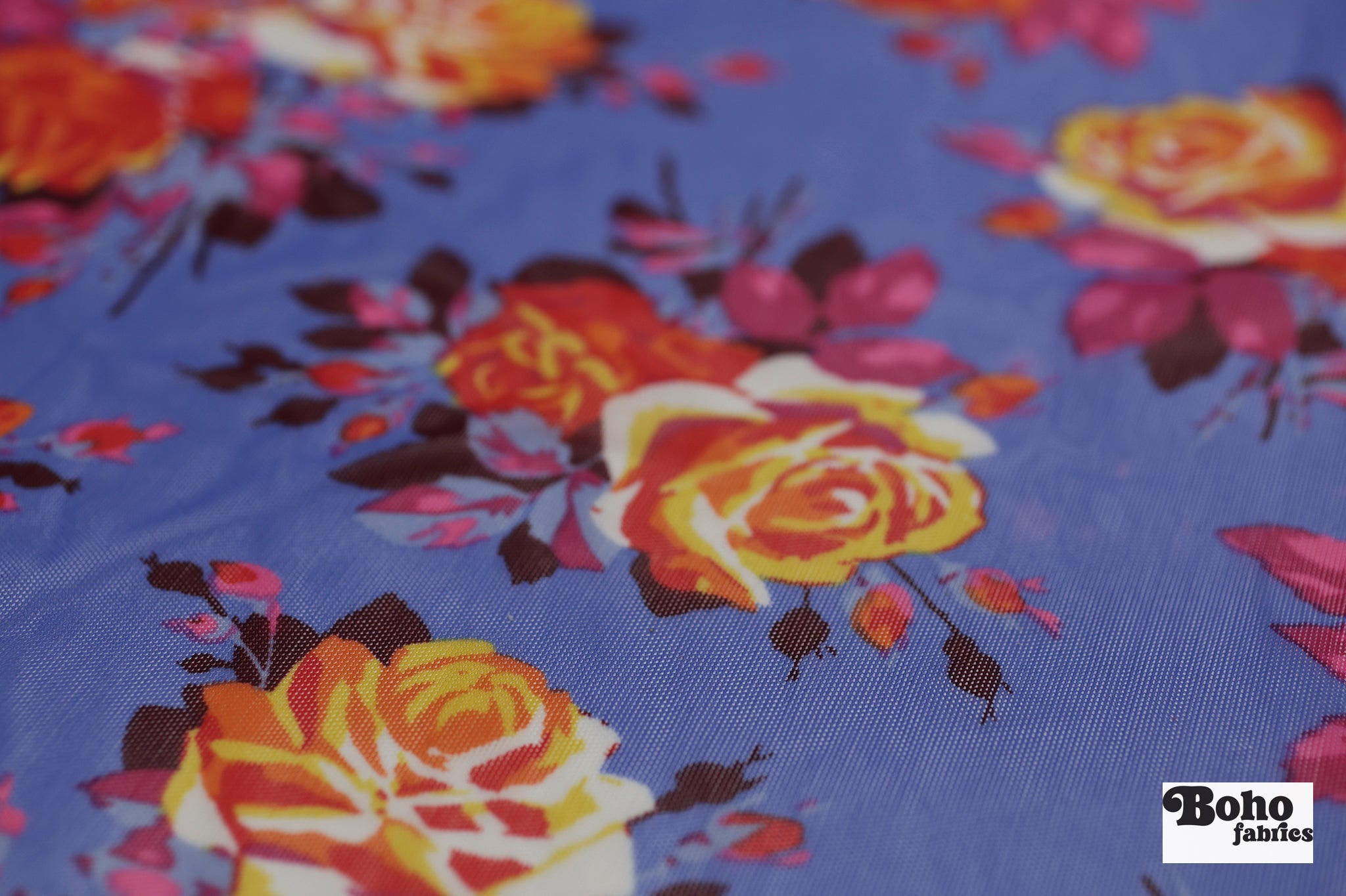 Red Roses on Blue. Power Mesh - Boho Fabrics - Stretch Mesh
