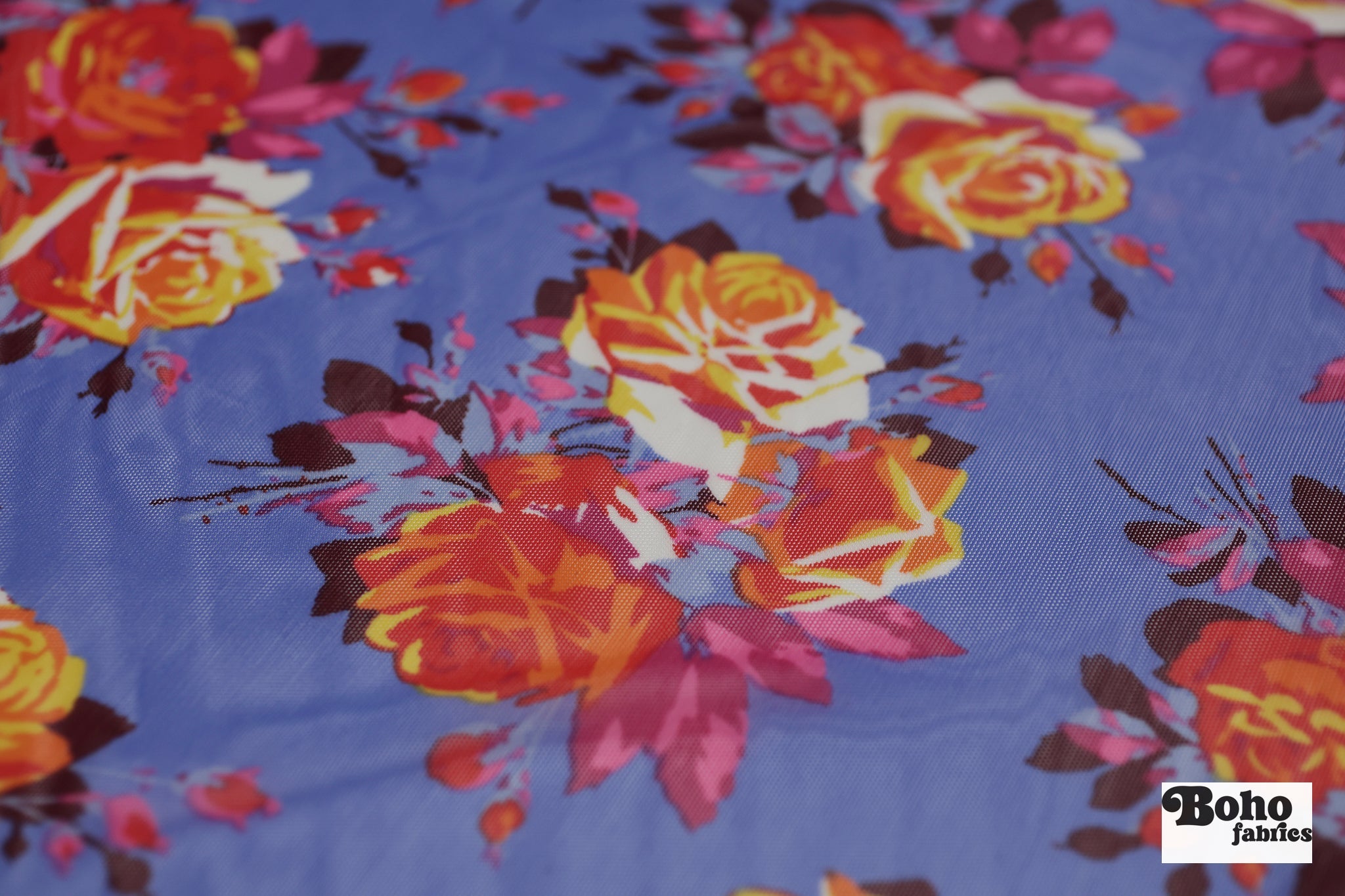 Red Roses on Blue. Power Mesh - Boho Fabrics - Stretch Mesh