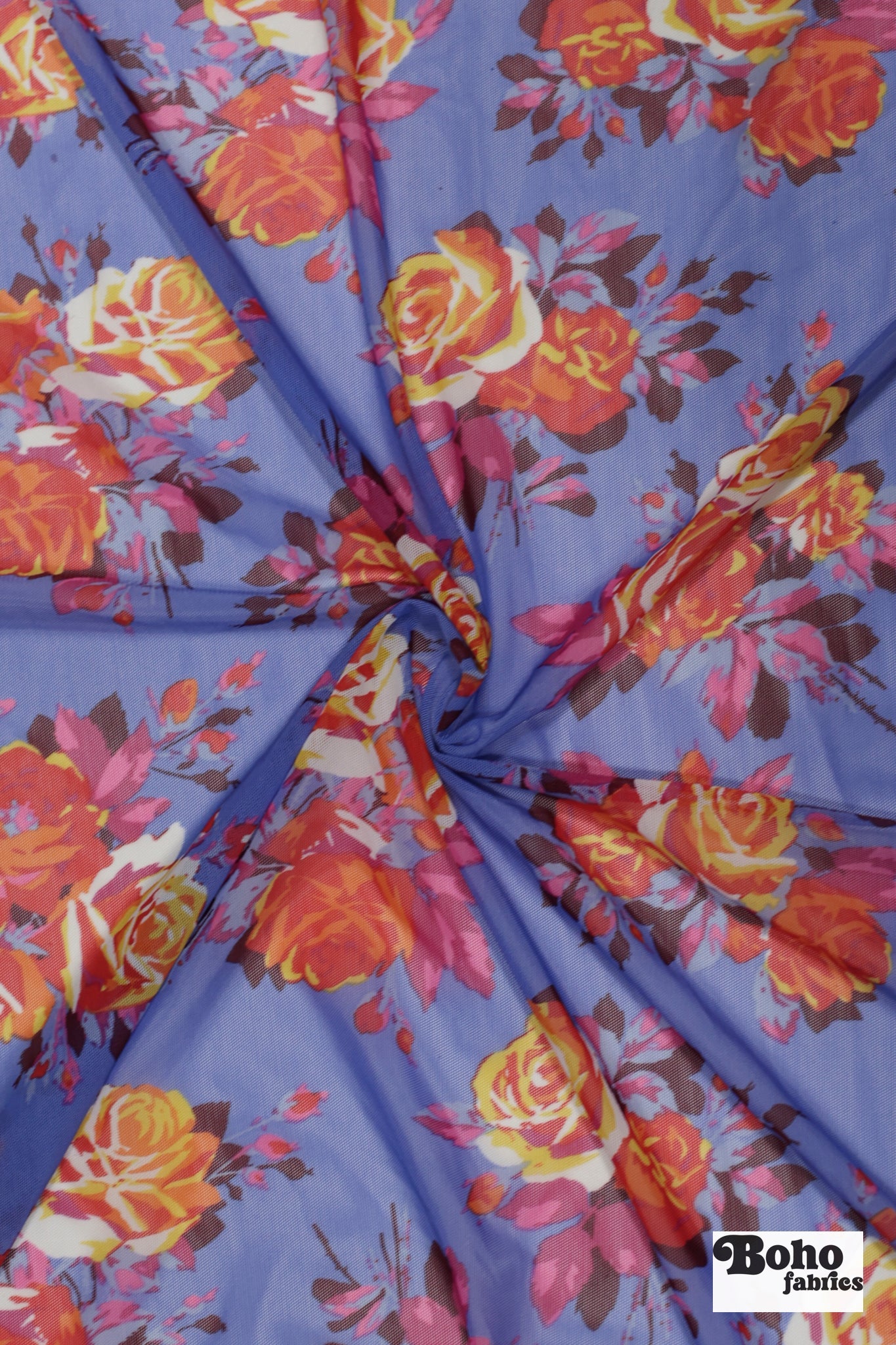 Red Roses on Blue. Power Mesh - Boho Fabrics - Stretch Mesh
