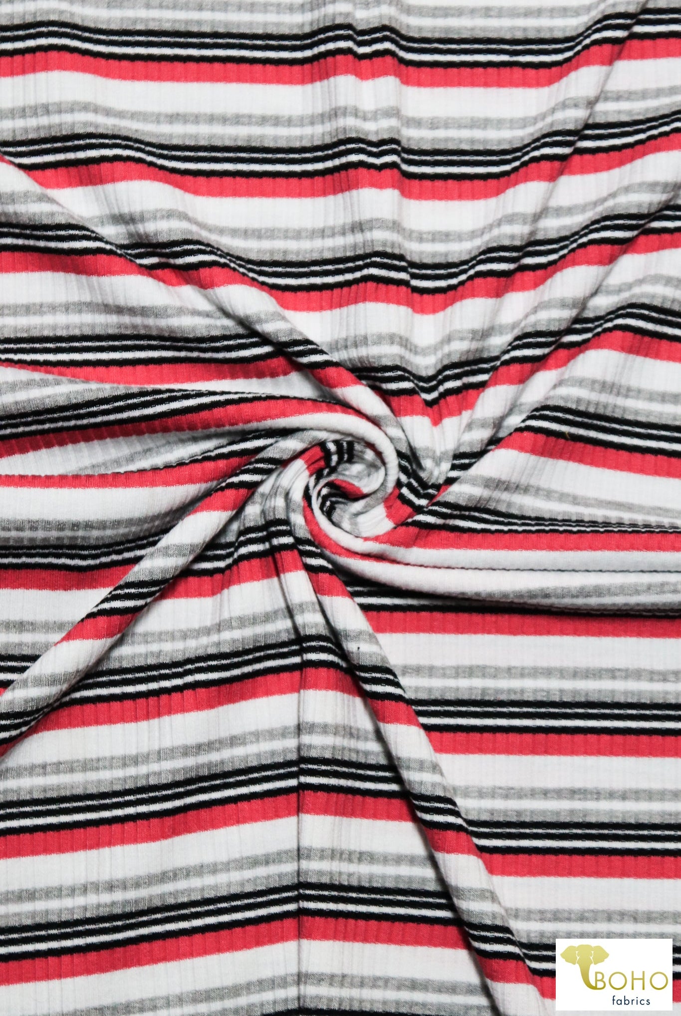 Red/Black/Gray, 4x3 Rib Stripe Knit - Boho Fabrics