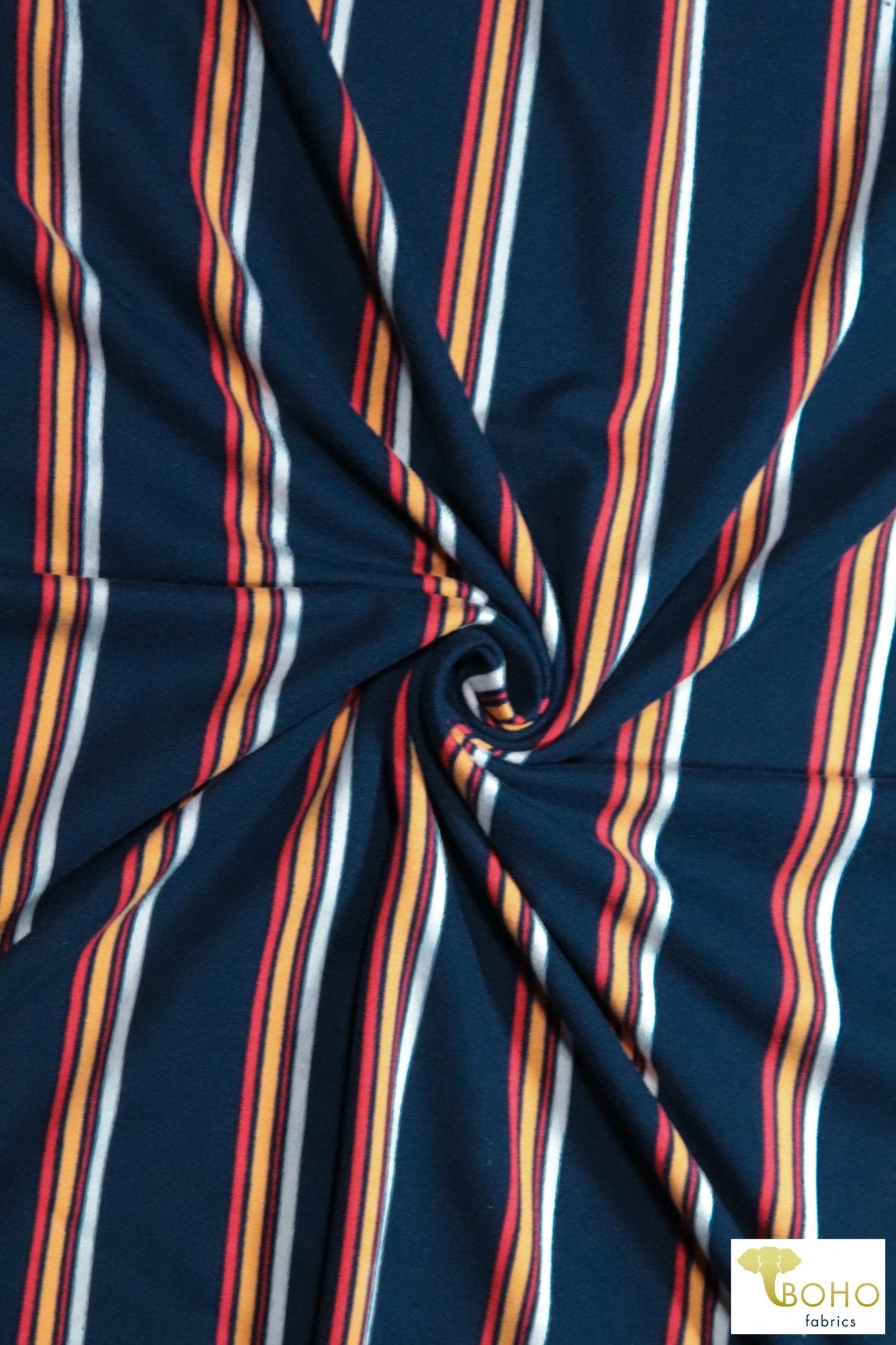 Red/Orange Vertical Stripes on Navy Blue, DBP. BPP-318 - Boho Fabrics