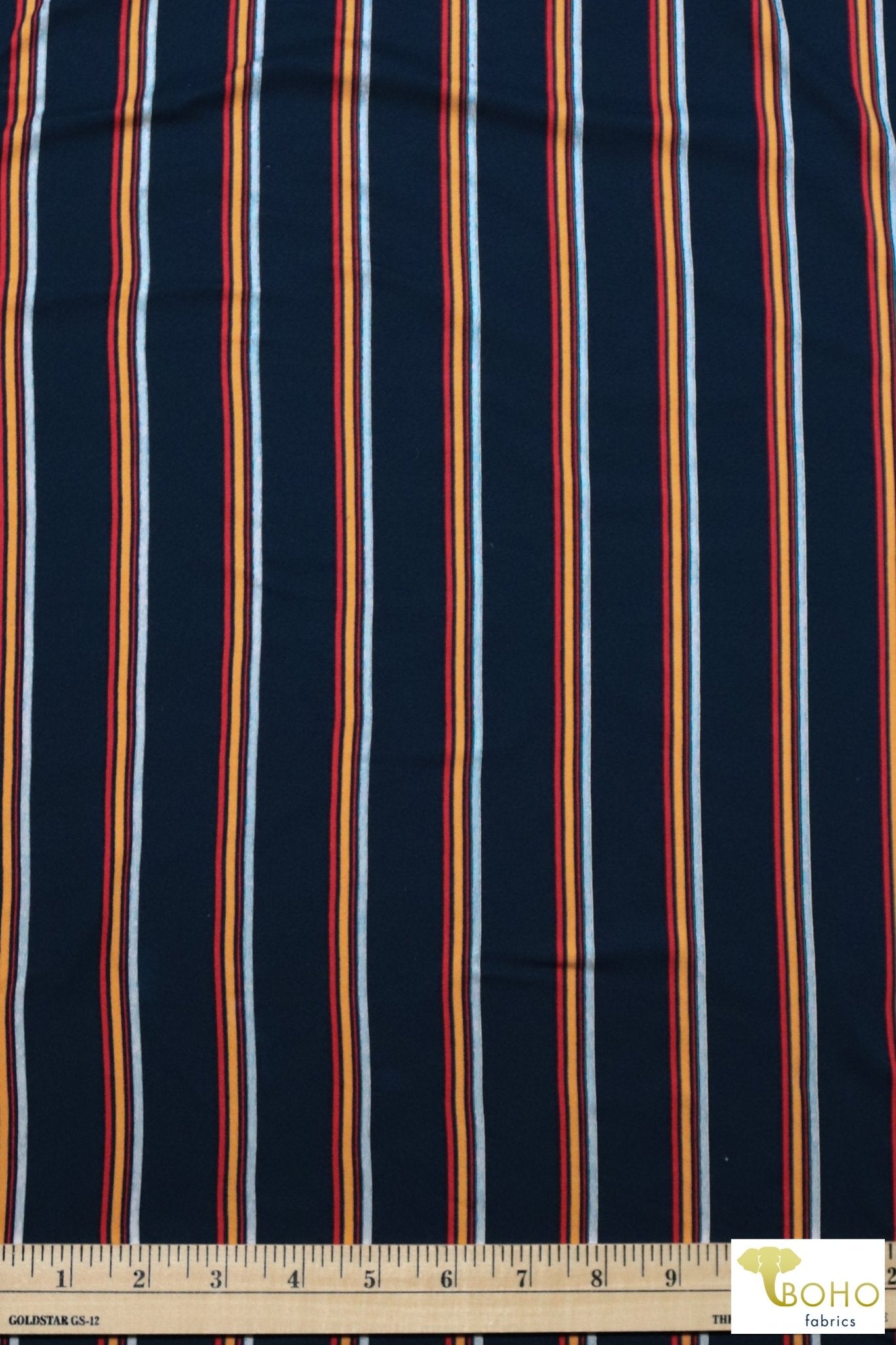 Red/Orange Vertical Stripes on Navy Blue, DBP. BPP-318 - Boho Fabrics