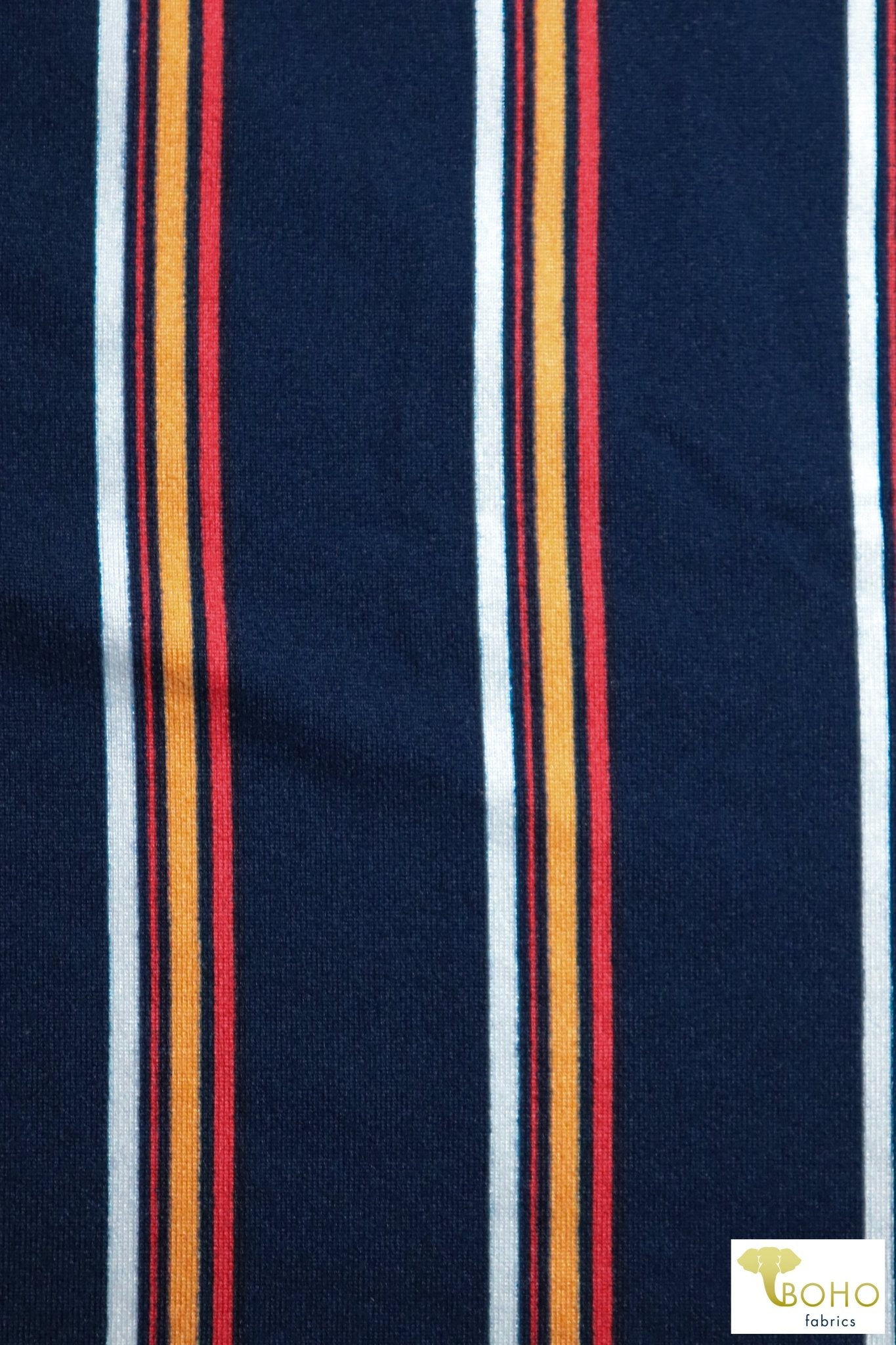 Red/Orange Vertical Stripes on Navy Blue, DBP. BPP-318 - Boho Fabrics