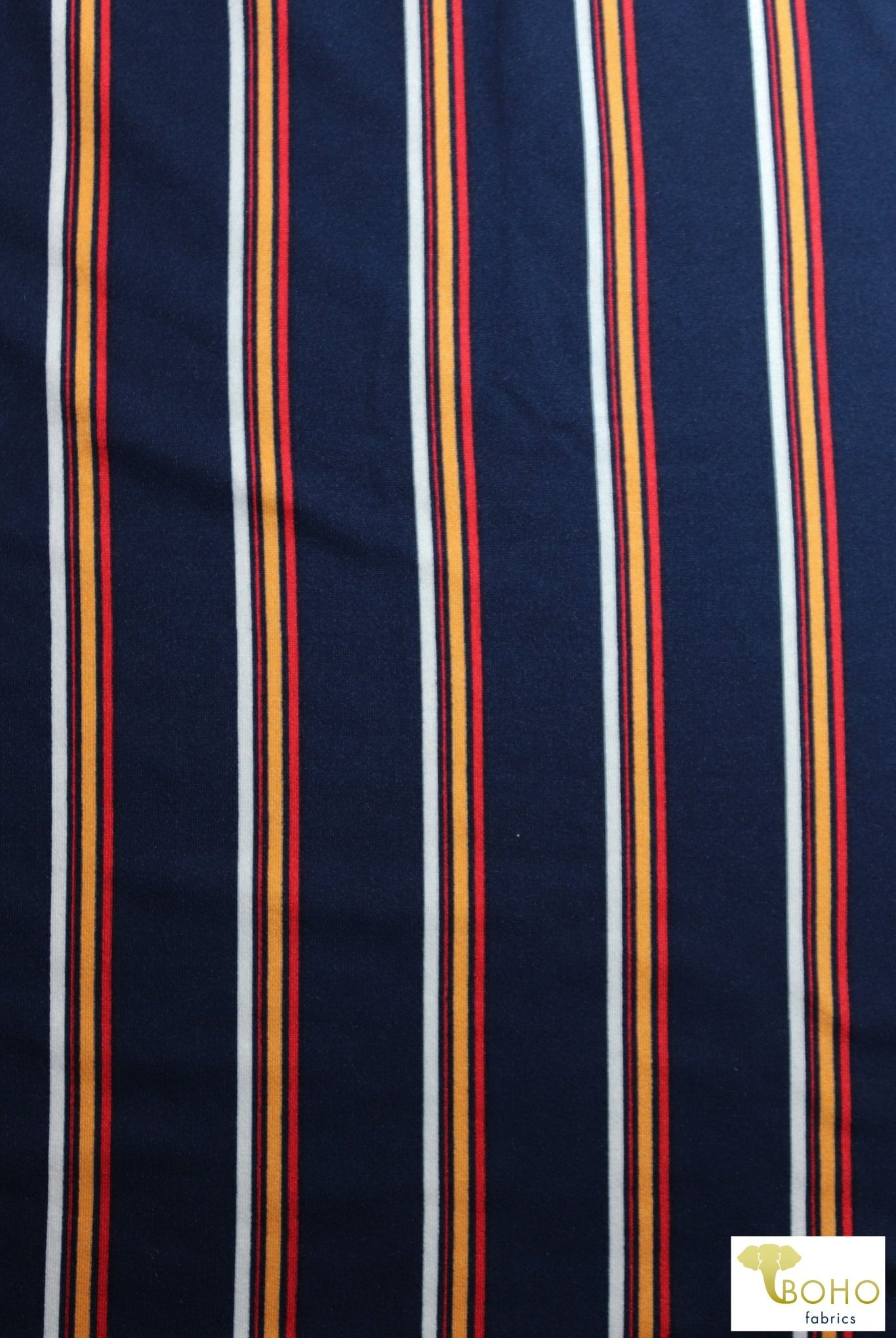 Red/Orange Vertical Stripes on Navy Blue, DBP. BPP-318 - Boho Fabrics