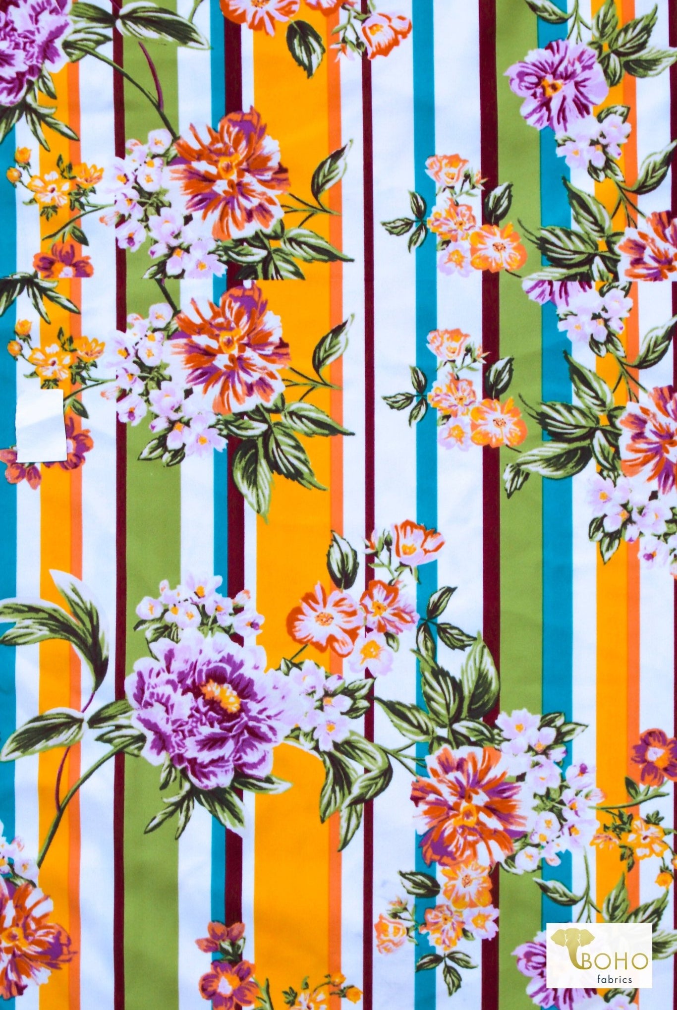 Retro Floral Stripes (Purple & Green), Printed Swim Knit Fabric. 32" Panel. - Boho Fabrics