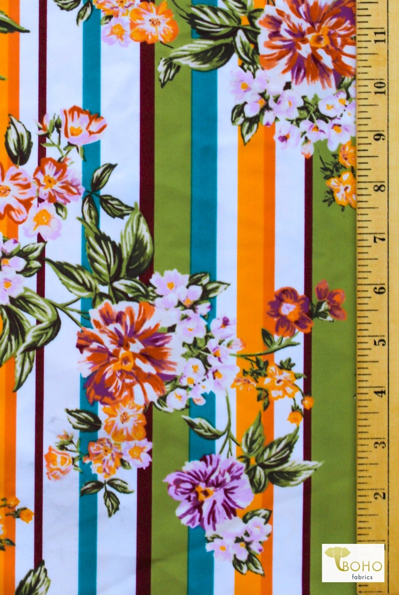 Retro Floral Stripes (Purple & Green), Printed Swim Knit Fabric. 32" Panel. - Boho Fabrics