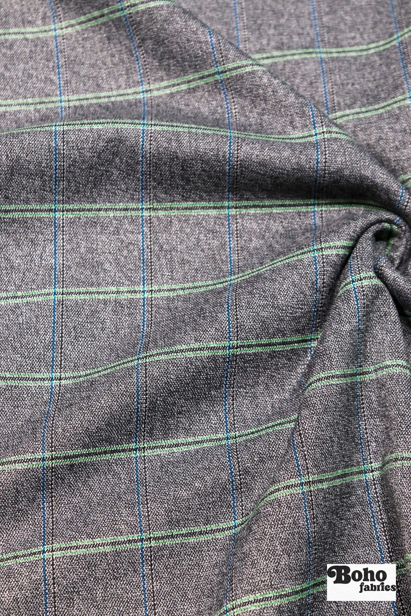 Retro Tailor Check in Charcoal with Green & Blue. Stretch Woven Fabric - Boho Fabrics - Stretch Woven Fabric