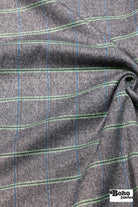 Retro Tailor Check in Charcoal with Green & Blue. Stretch Woven Fabric - Boho Fabrics - Stretch Woven Fabric