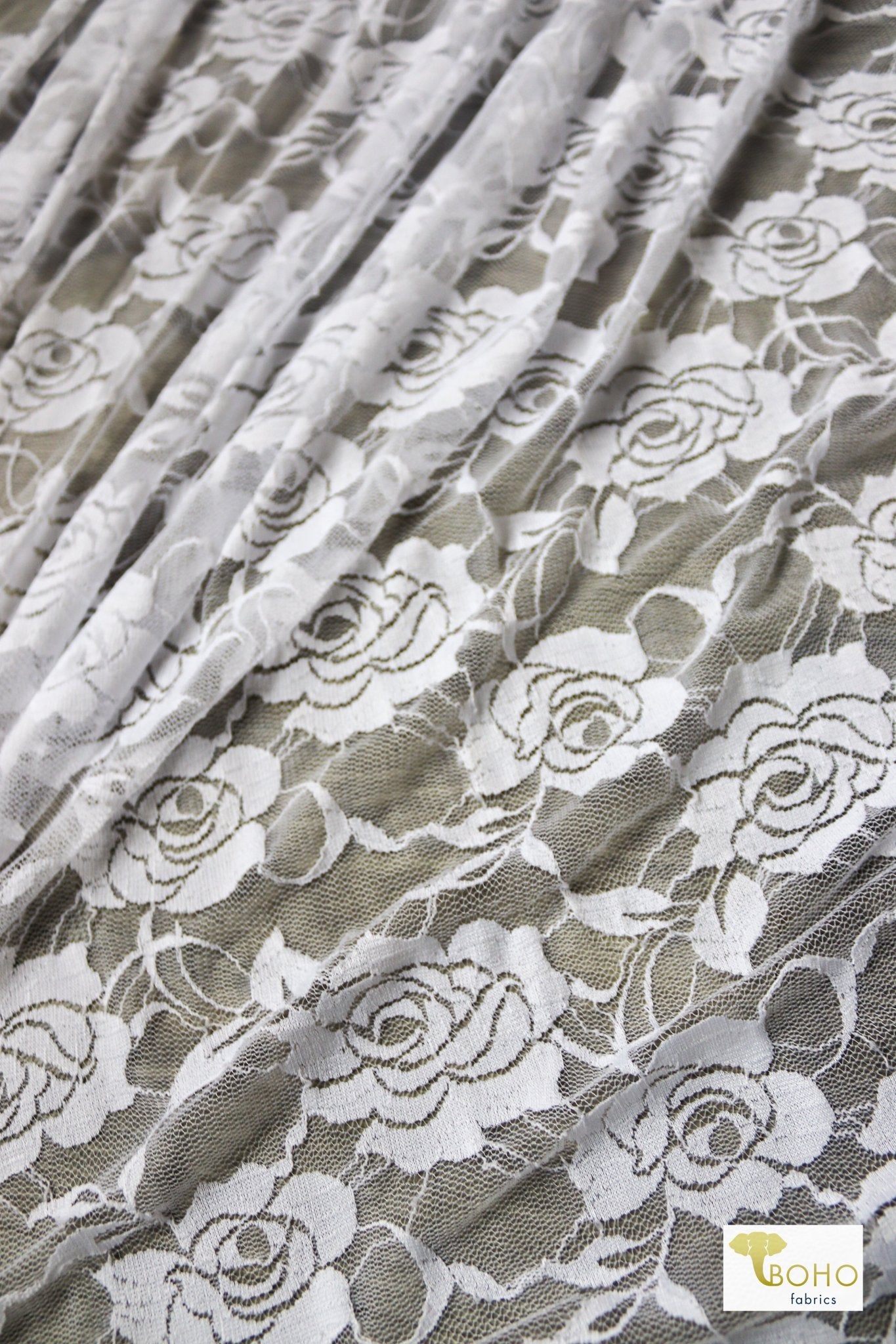 Rose Dream in White. Stretch Lace Knit. SL-121-WHT - Boho Fabrics