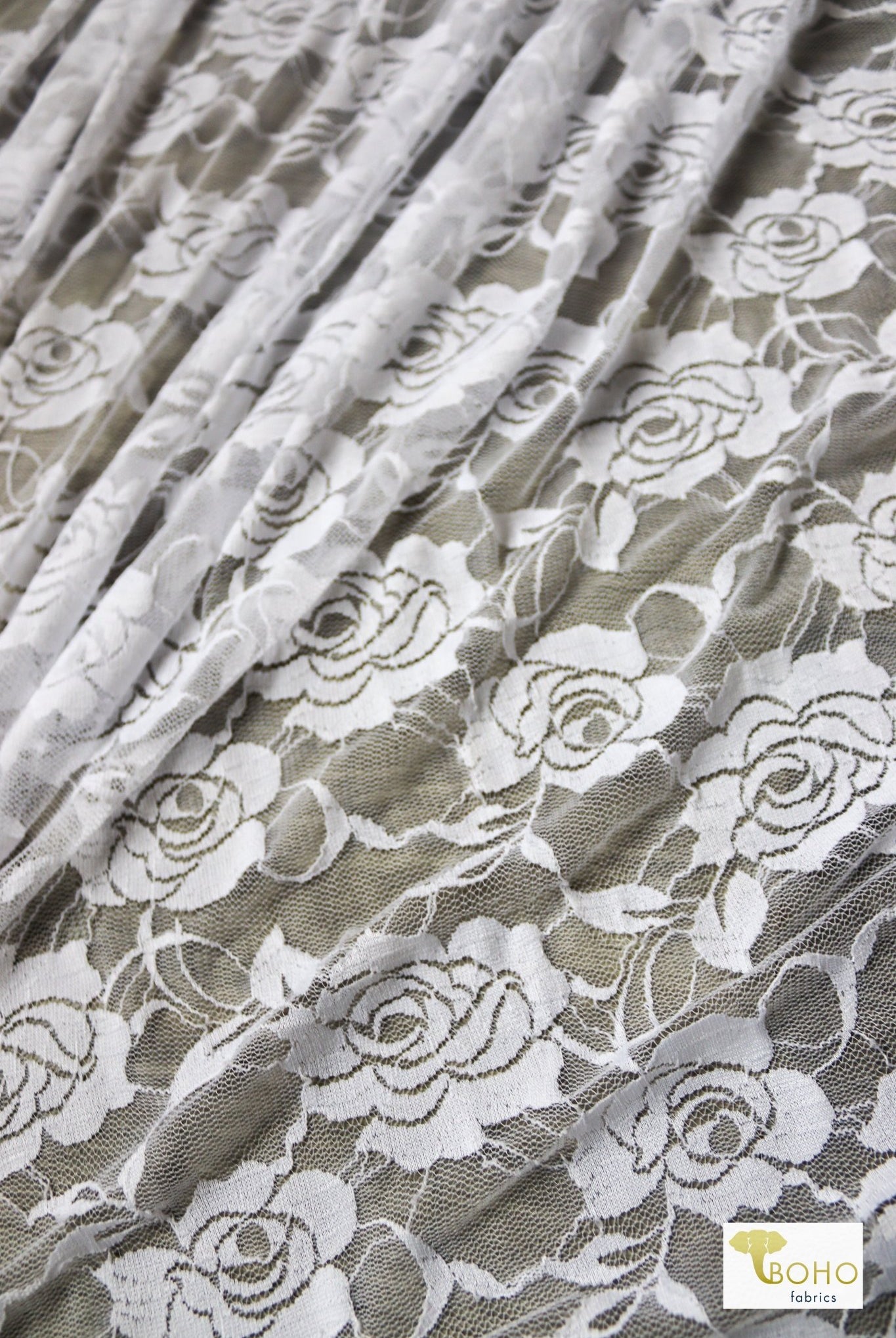 Rose Dream in White. Stretch Lace Knit. SL-121-WHT - Boho Fabrics