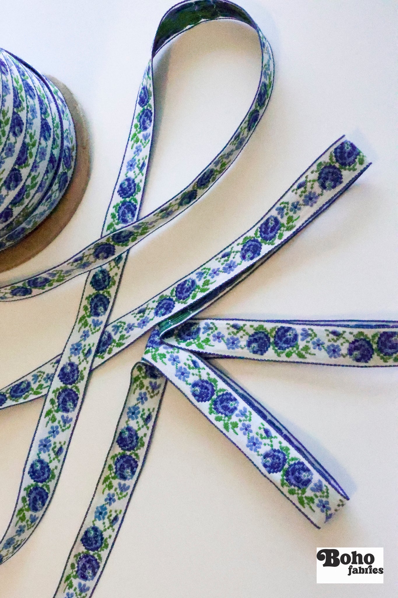 Rose Garden in Blue, 3/4" Vintage Jacquard Woven Trim, TRIM - 064 - Boho Fabrics - Trims