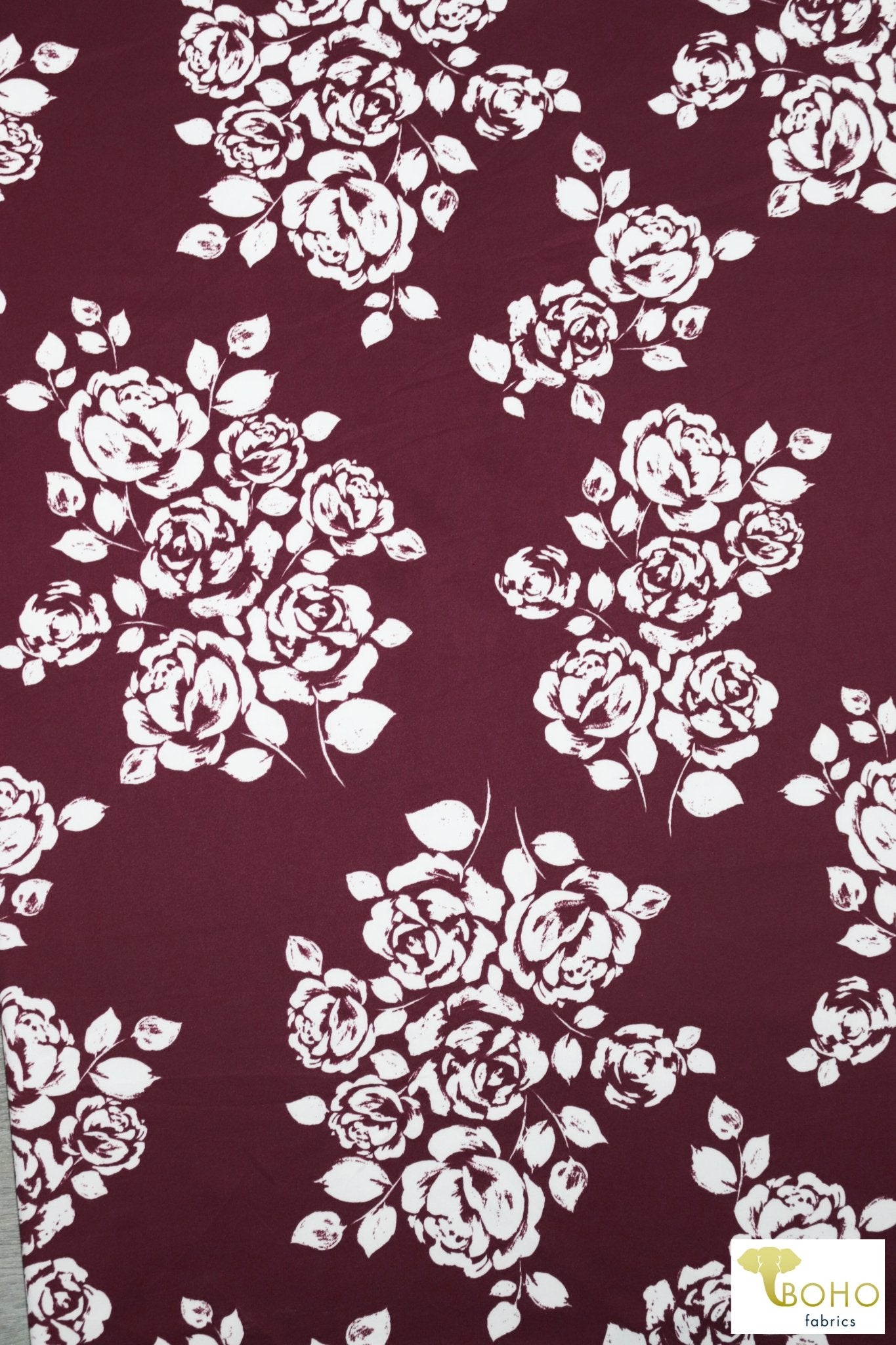 Rose Silhouette on Burgundy Red, Scuba Knit. SCU-114-RED - Boho Fabrics