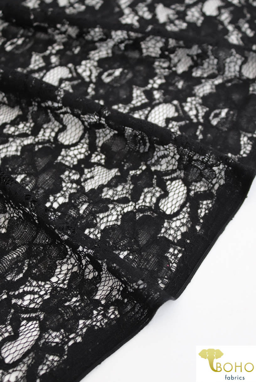 Rosey Gardens in Black. Cotton Lace Woven Fabric. WV-146-BLK - Boho Fabrics