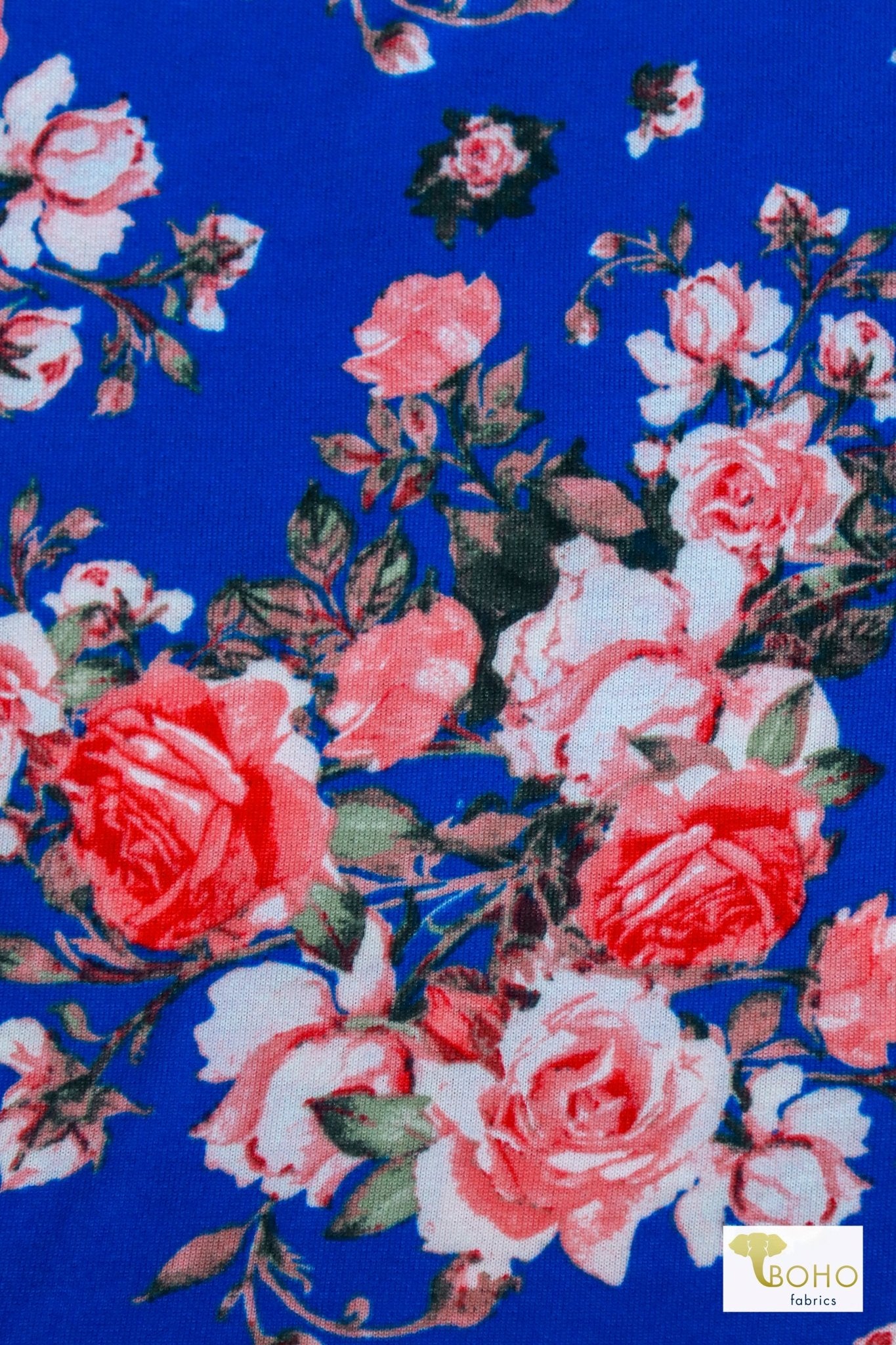 Royal Blue Roses, Brushed Sweater Knit - Boho Fabrics