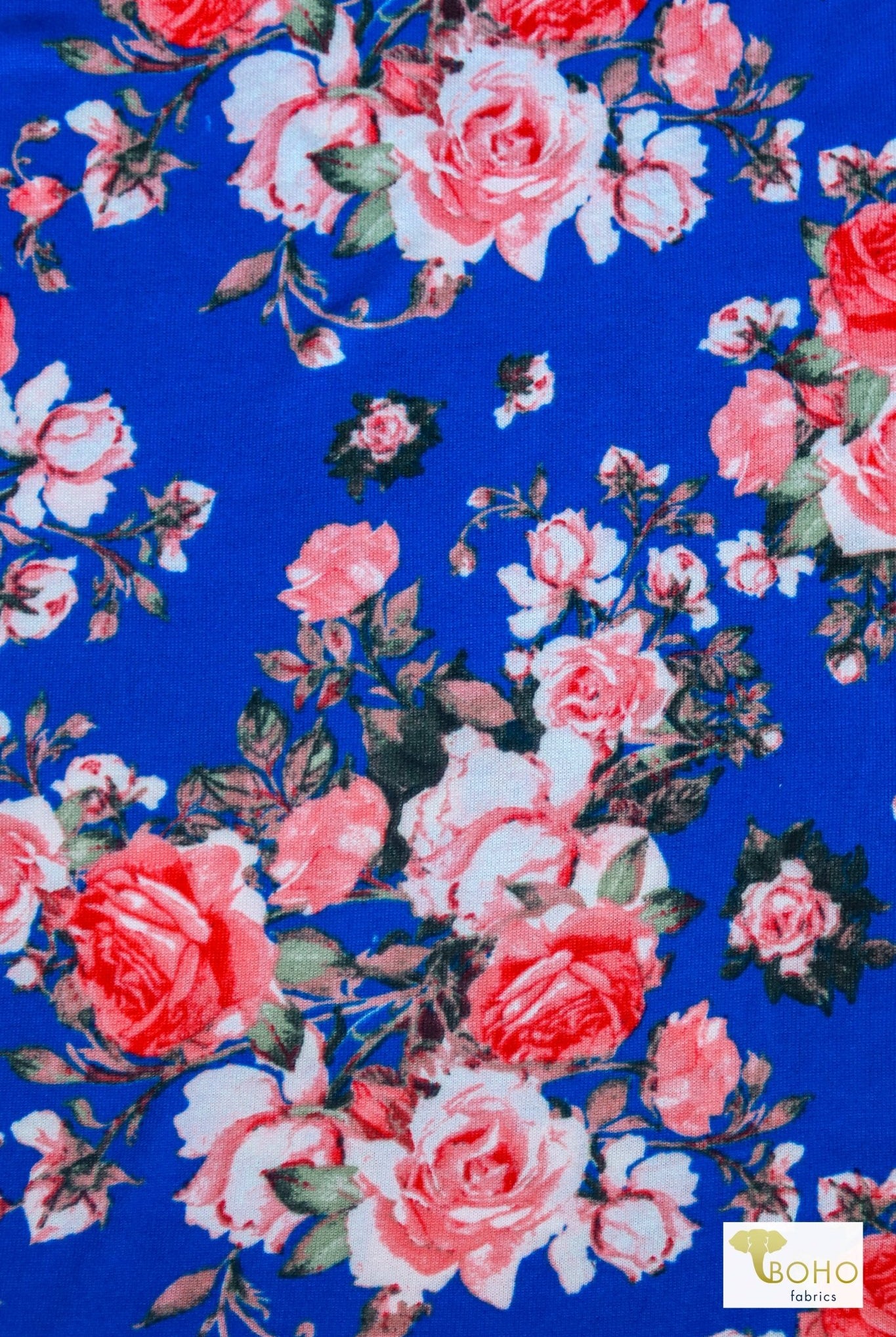 Royal Blue Roses, Brushed Sweater Knit - Boho Fabrics