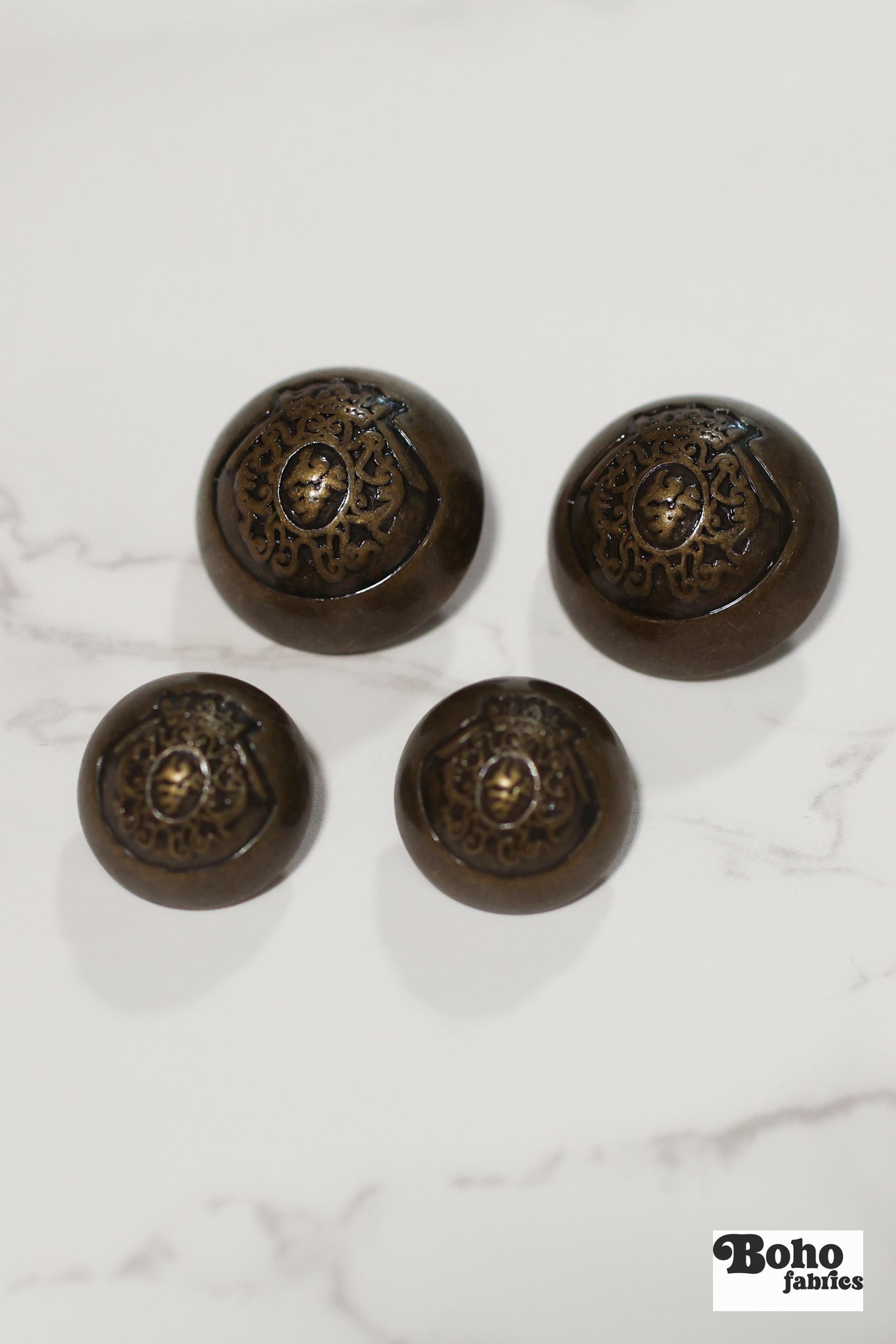 Royalty Crest Bronze Plastic, Dome Shank Button. Available in 11/16" (18mm, 28L) and 15/16", (24mm, 38L) - Boho Fabrics - Buttons & Snaps
