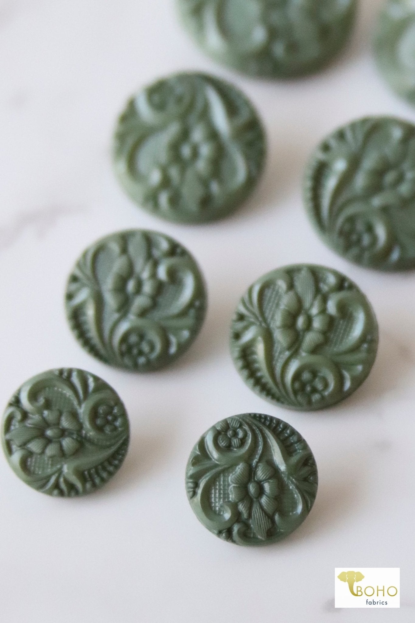 Sage Green, Art Nouveau Florals, Shank Buttons. Available in 15mm, 18mm, 20mm, 25.5mm - Boho Fabrics