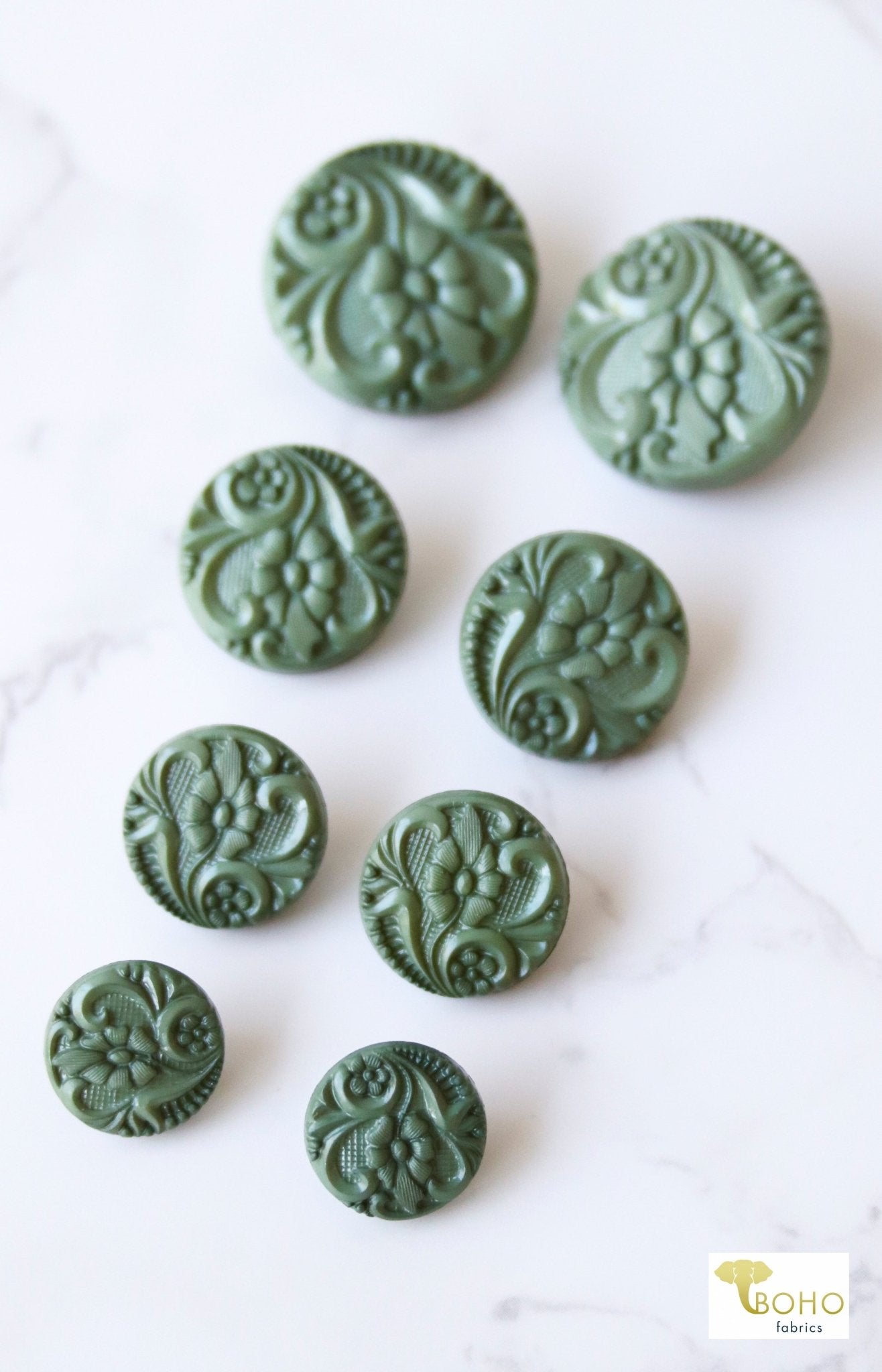Sage Green, Art Nouveau Florals, Shank Buttons. Available in 15mm, 18mm, 20mm, 25.5mm - Boho Fabrics