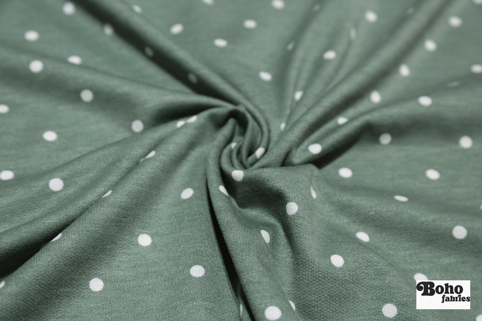 Sage Green Polka Dots, French Terry Knit Fabric - Boho Fabrics - French Terry Prints, Knit Fabric
