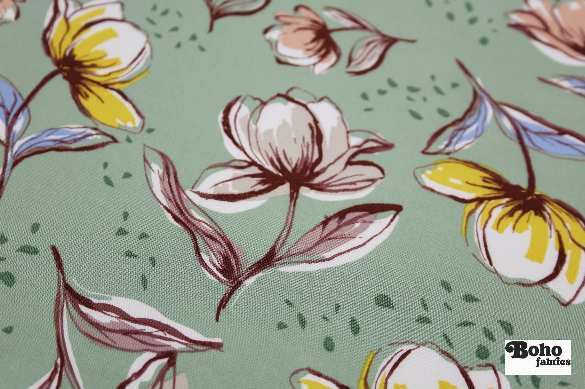Sage Green Watercolor Blooms Rayon Challis Woven Fabric - Boho Fabrics - Challis, Woven