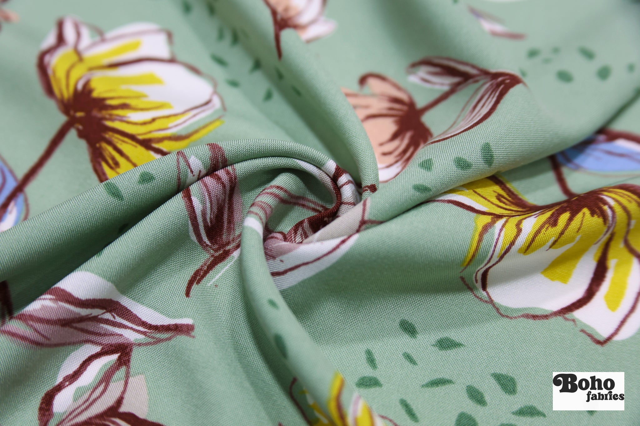 Sage Green Watercolor Blooms Rayon Challis Woven Fabric - Boho Fabrics - Challis, Woven