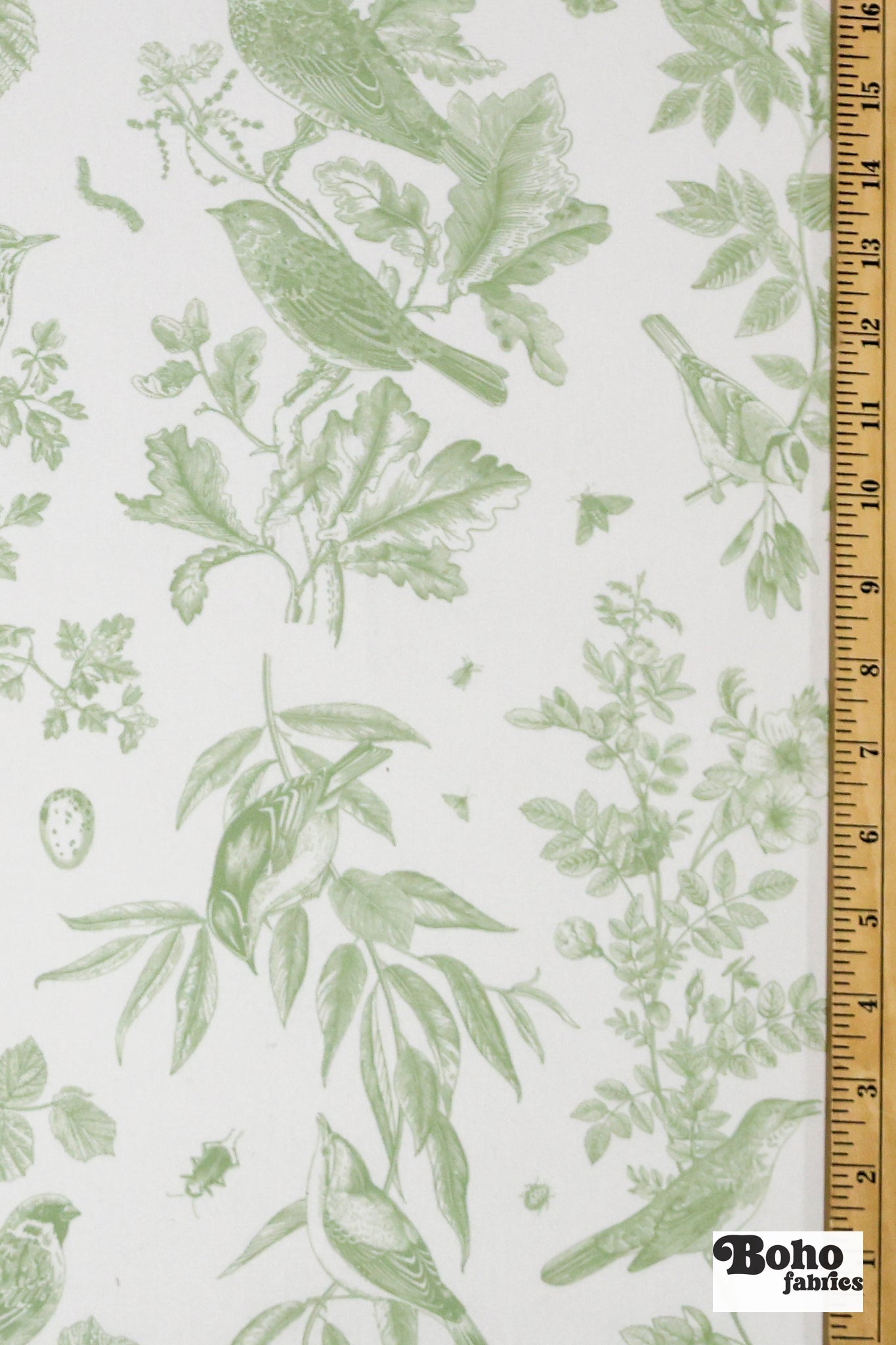 Sage Green Woodland Birds Canvas Woven Fabric - Boho Fabrics - Canvas Fabric