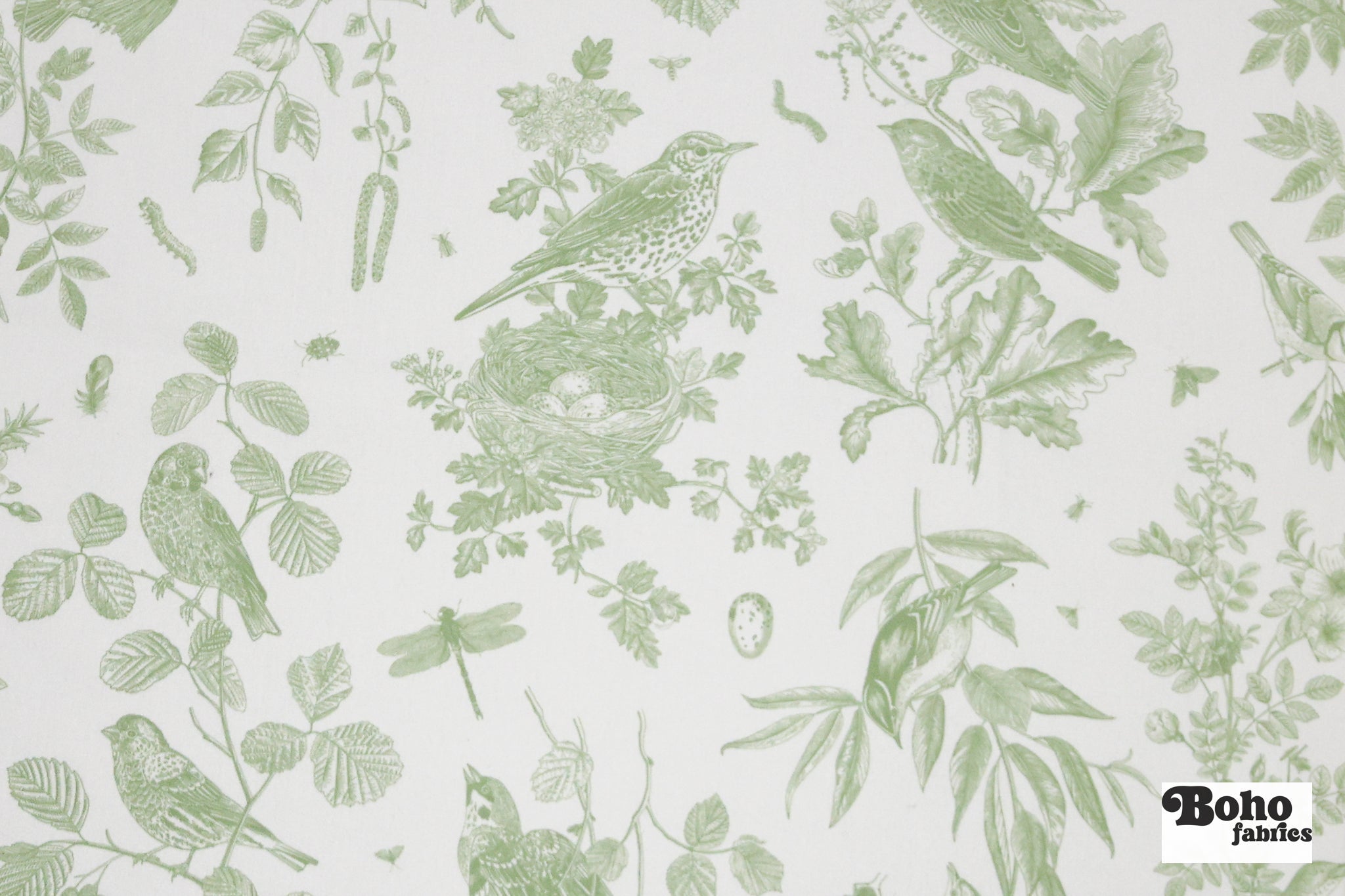 Sage Green Woodland Birds Canvas Woven Fabric - Boho Fabrics - Canvas Fabric