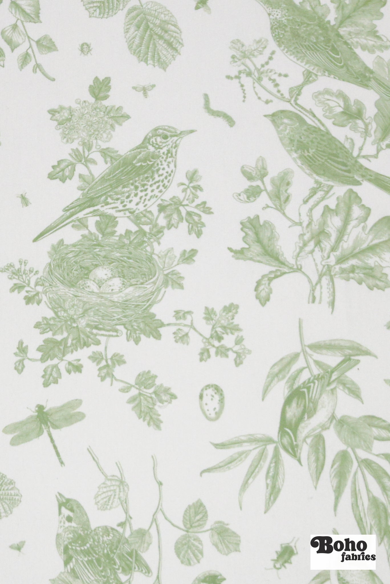 Sage Green Woodland Birds Canvas Woven Fabric - Boho Fabrics - Canvas Fabric