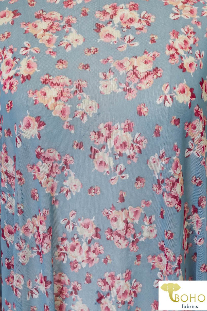 Sakura Pink Florals on Blue. Power Mesh. SM-103-BLU. - Boho Fabrics