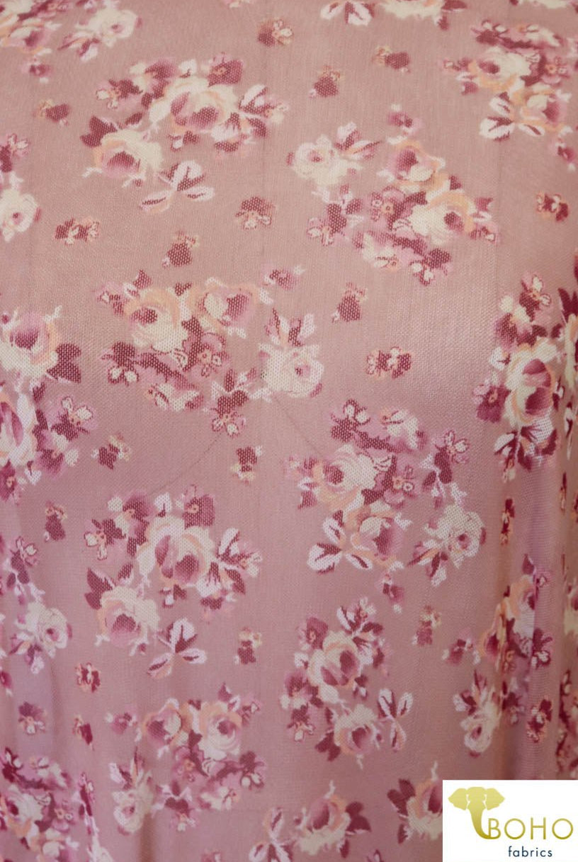 Sakura Pink Florals on Mauve. Power Mesh. SM-103-MVE. - Boho Fabrics