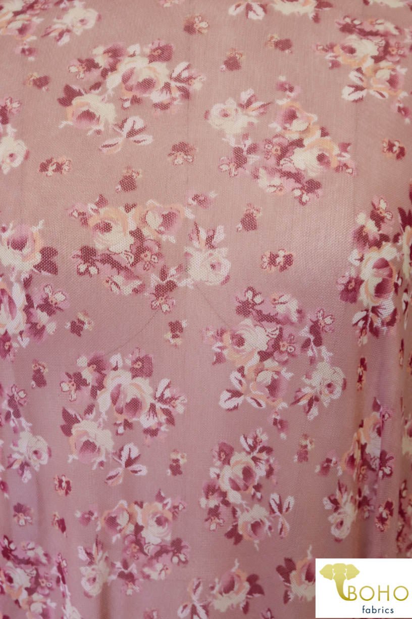 Sakura Pink Florals on Mauve. Power Mesh. SM-103-MVE. - Boho Fabrics
