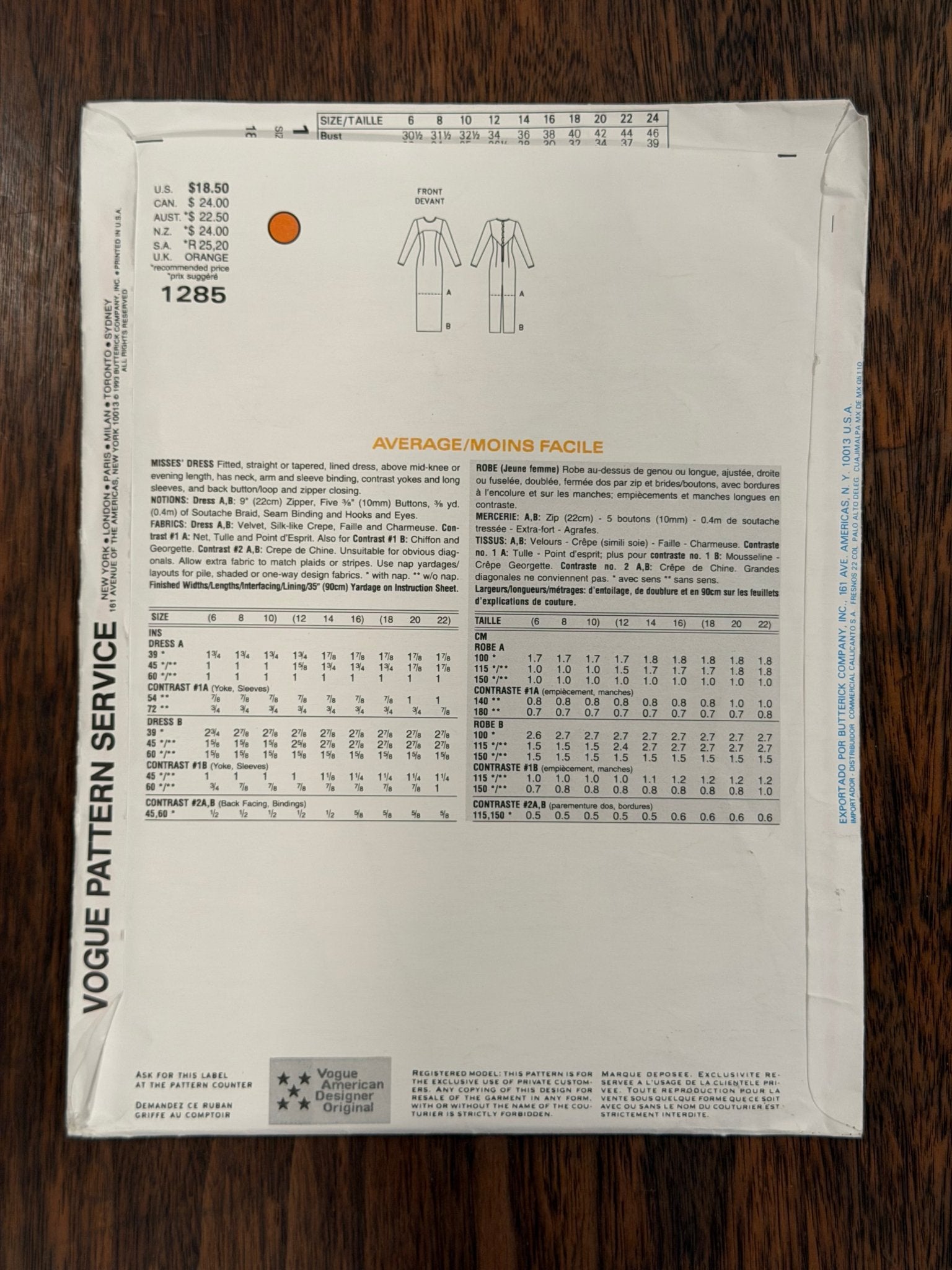 Scaasi | Vogue American Designer Sewing Pattern #1285 — Lined Dress with Contrast Yokes, Size 18-20-22, Vintage 1993 - Boho Fabrics - Sewing Patterns