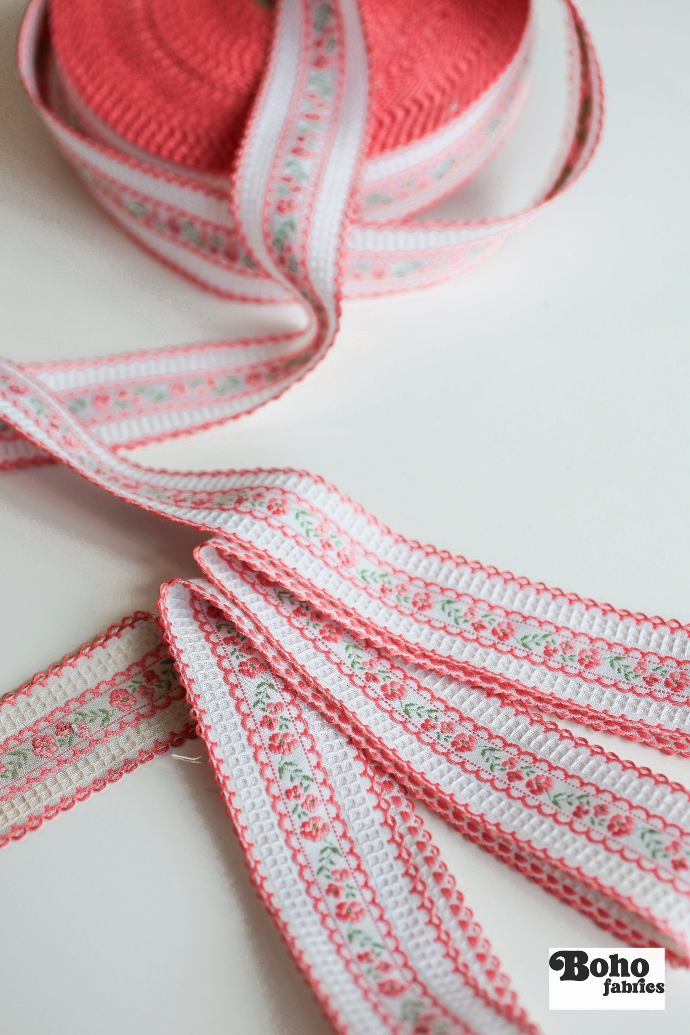 Scalloped Pink Roses. 1.5" Jacquard Woven Trim.TRIM - 024 - Boho Fabrics - Trims